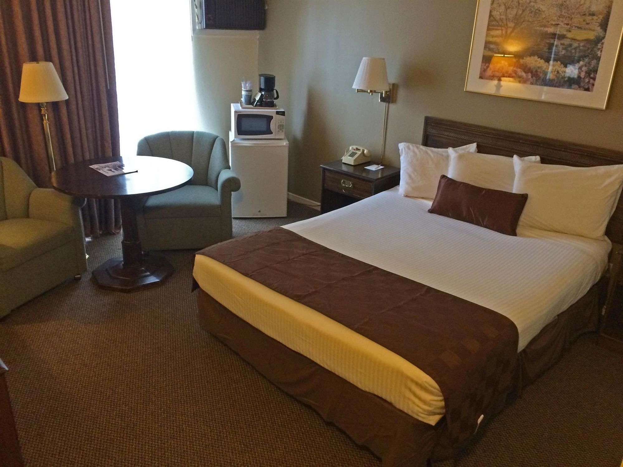 A hotel room with a bed, a desk, a chair, a microwave, and a telephone.