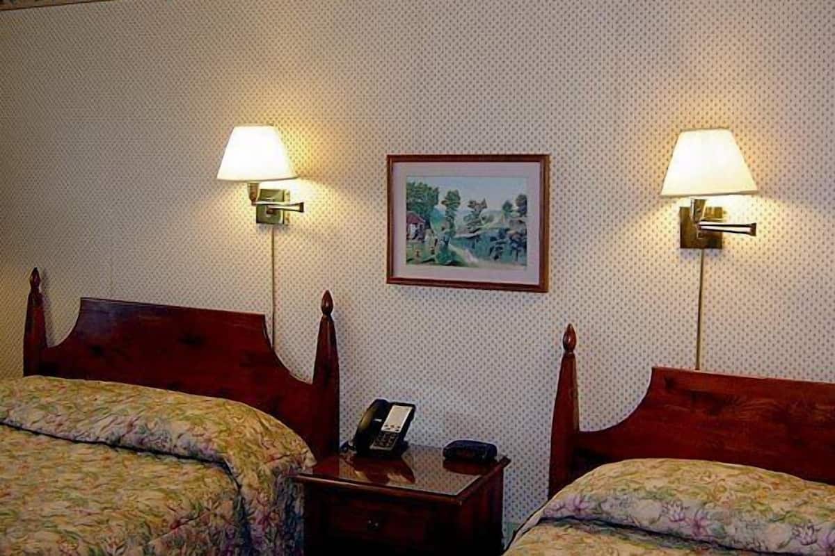 A hotel room with two beds, a nightstand with a lamp, a framed picture on the wall, and a telephone.