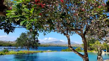 A clear view of a swimming pool with a tree in the foreground, a mountain range in the background, and boats on the water.