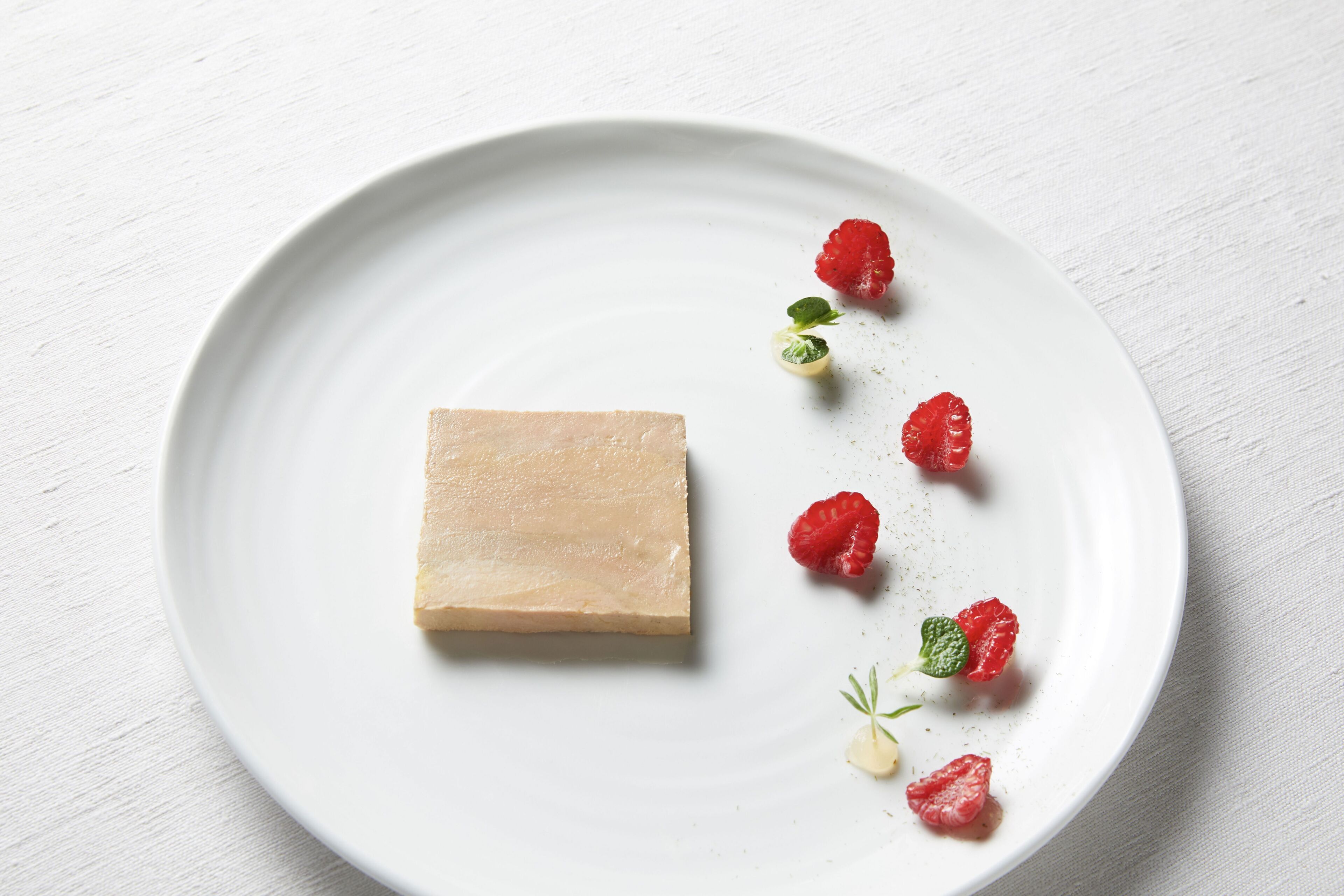 A white plate with a rectangular food item and scattered raspberries and mint leaves.