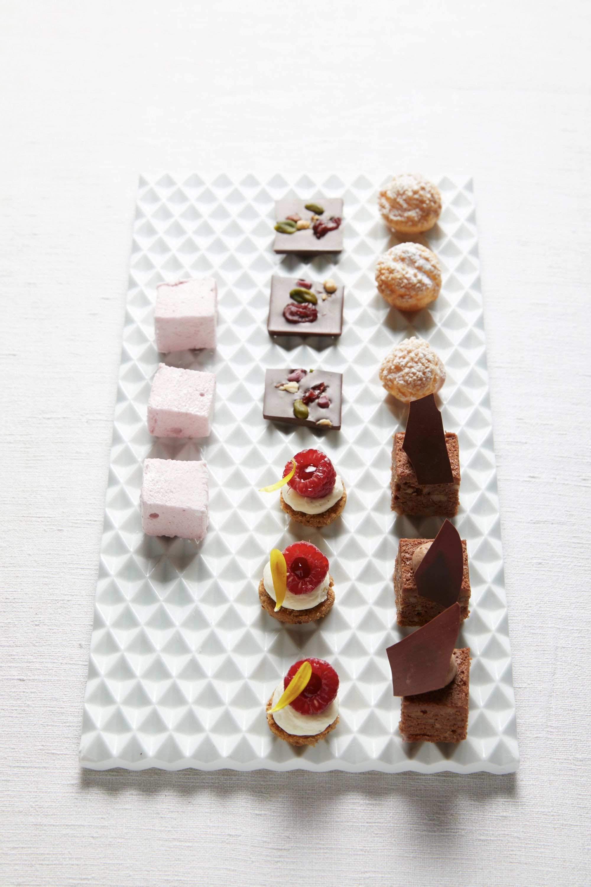 A variety of desserts arranged on a white, textured plate.