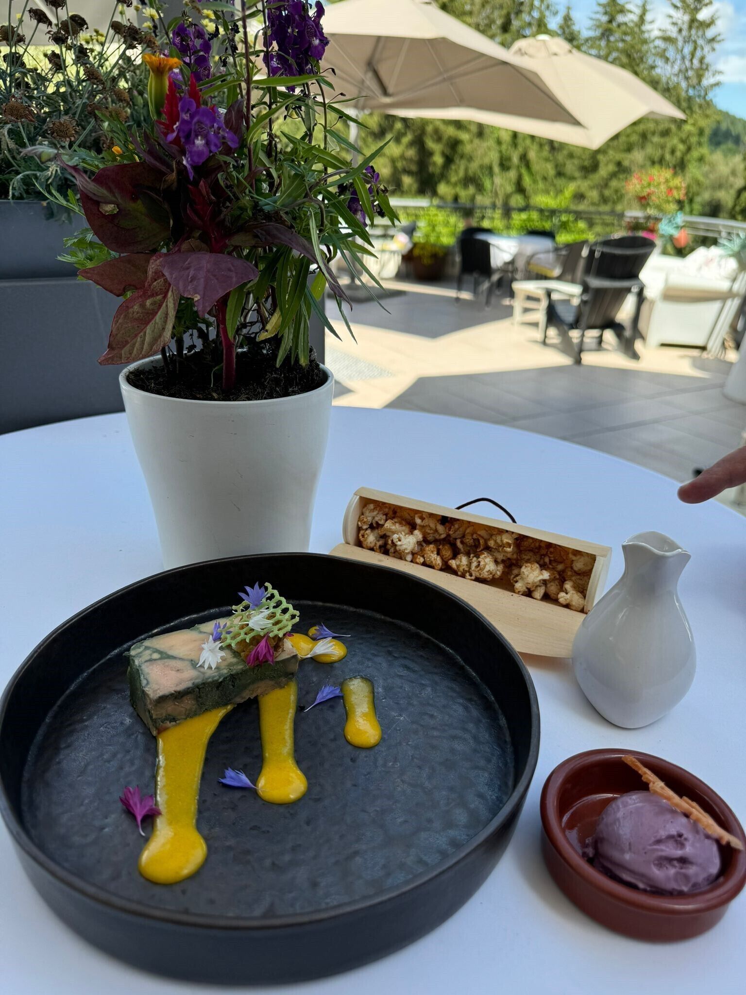 Un plato de postre con un trozo de chocolate, salsa amarilla y un pequeño recipiente de helado.