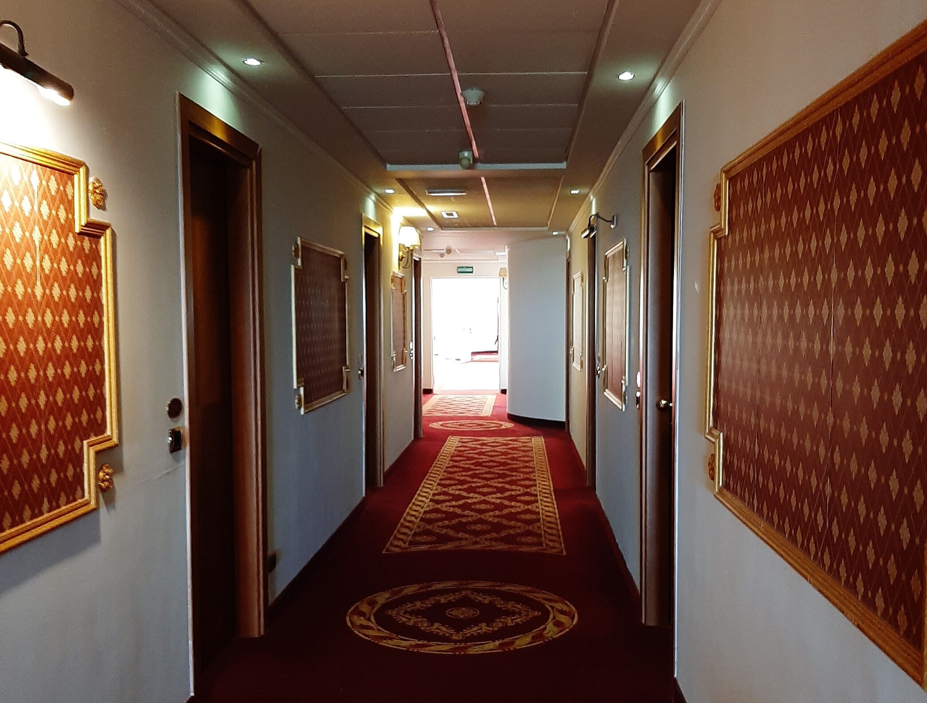 Un couloir aux murs et aux portes ornés de motifs, un tapis rouge et un éclairage encastré.