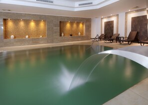 Indoor pool, outdoor pool, pool umbrellas, sun loungers