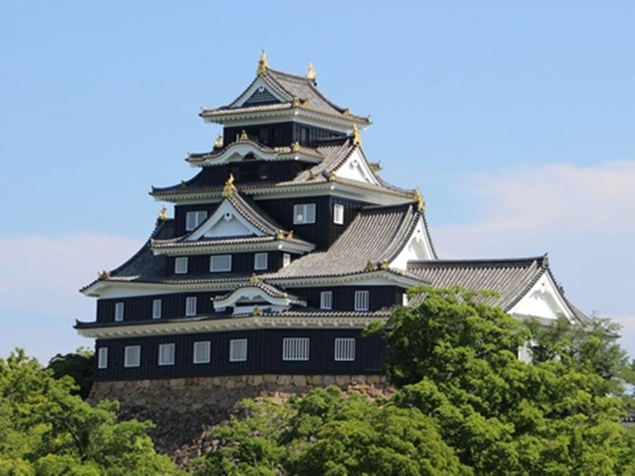 Et traditionelt japansk slot med flere etager, hvide og sorte mure samt gyldne detaljer.