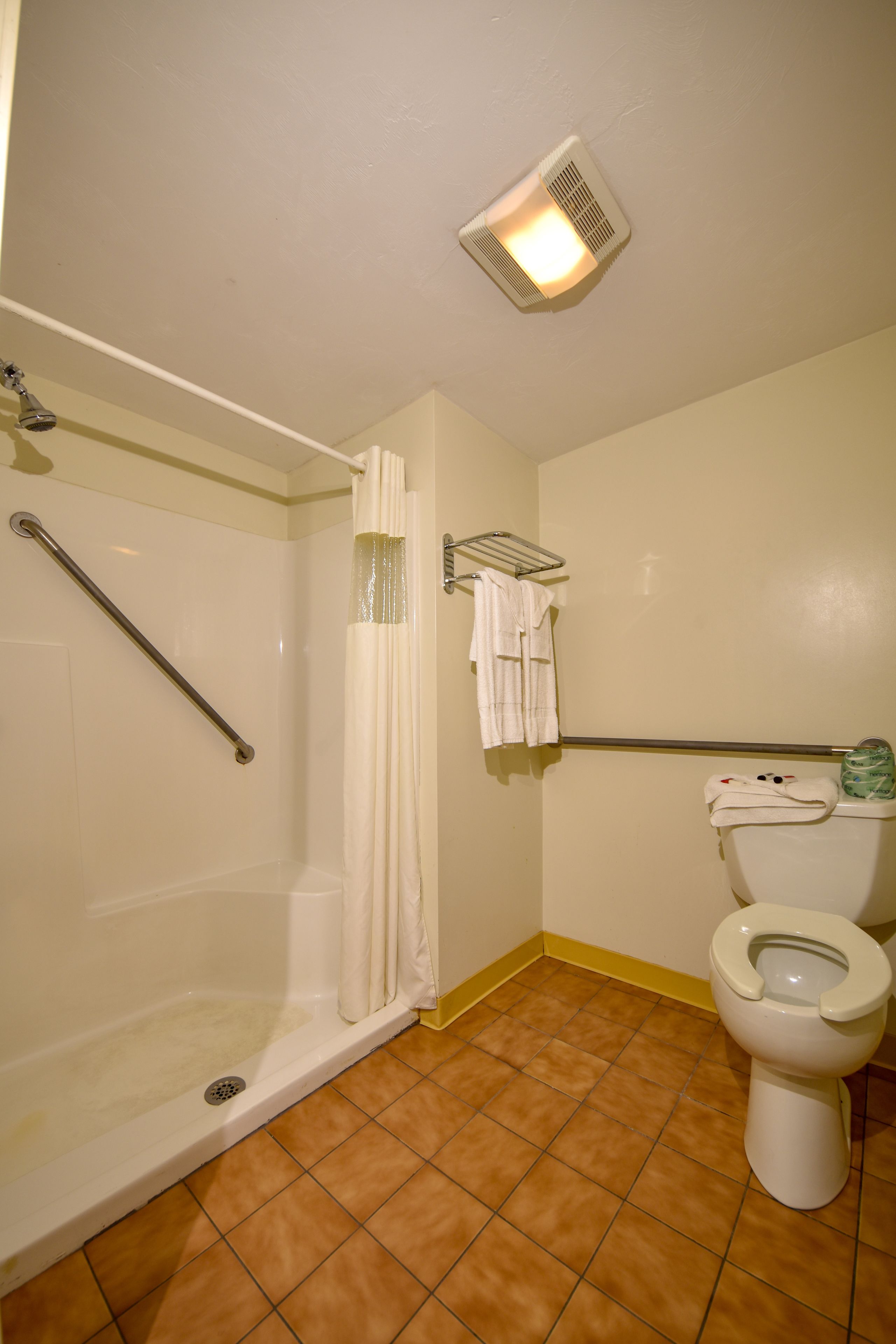 Un bagno con doccia, wc e mancorrente.