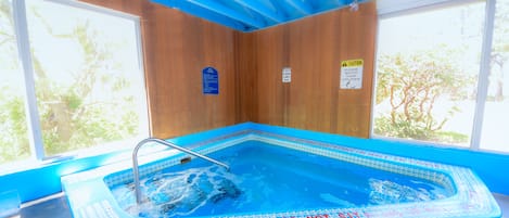 Ein Hallenbad mit blauem Innenraum, umgeben von Holzwänden und großen Fenstern.