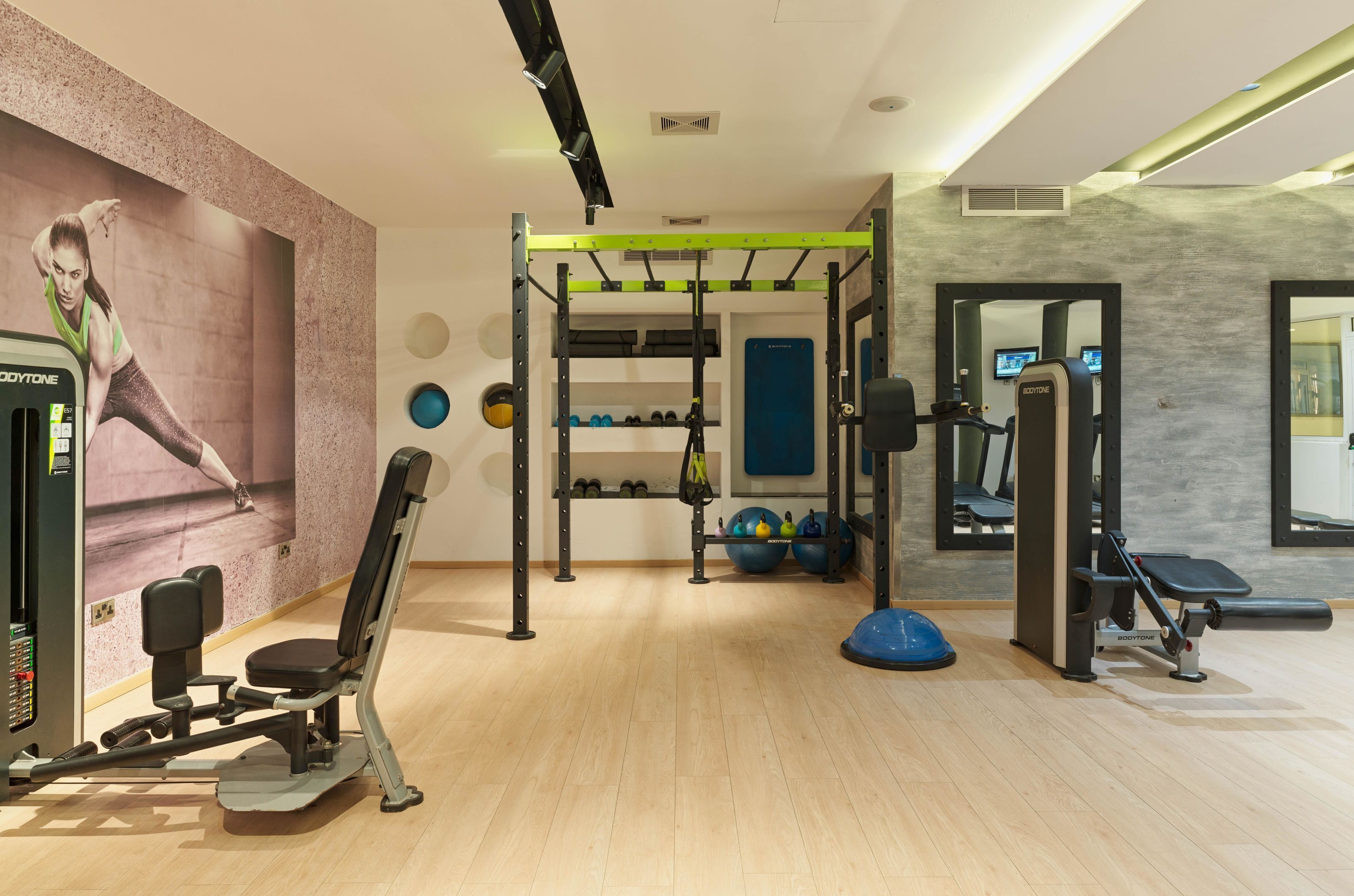 A gym with a pull-up bar, weight machines, and exercise balls.