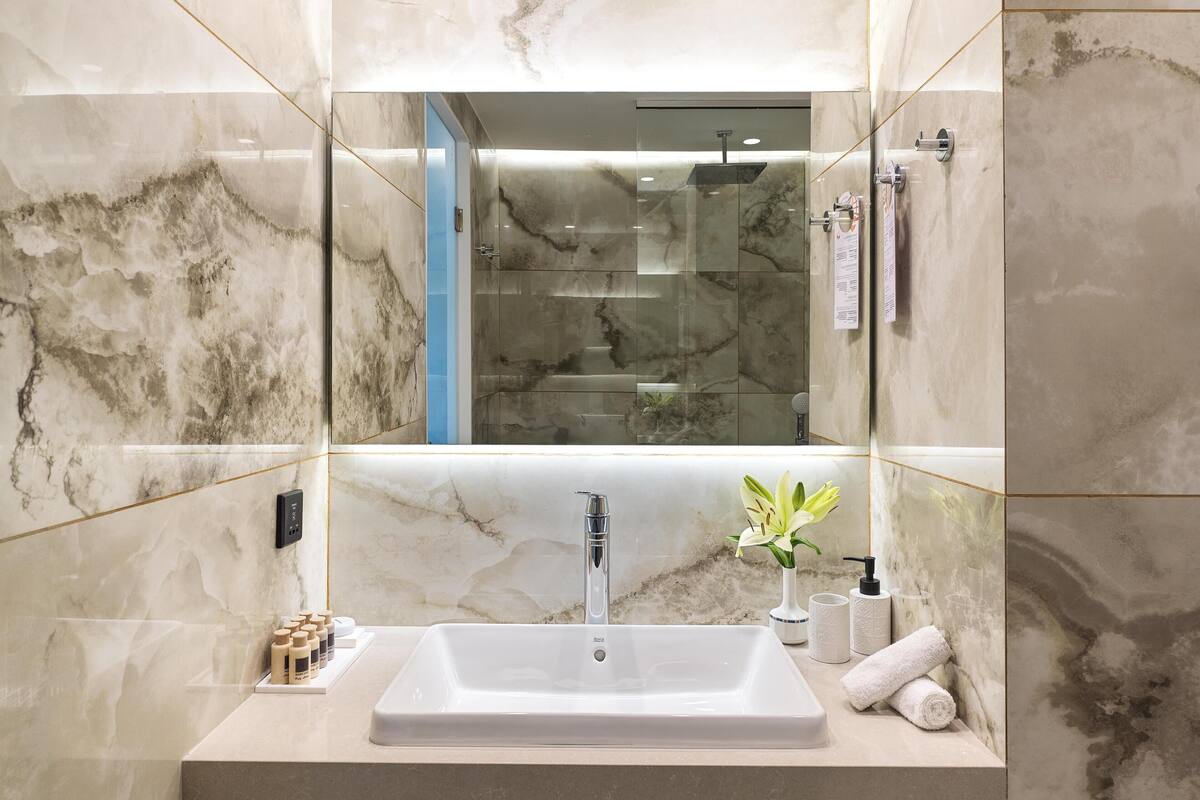 free toiletries, hair dryer, bathrobes, towels