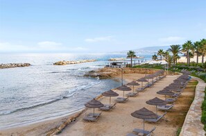 On the beach, sun-loungers, beach umbrellas, beach towels