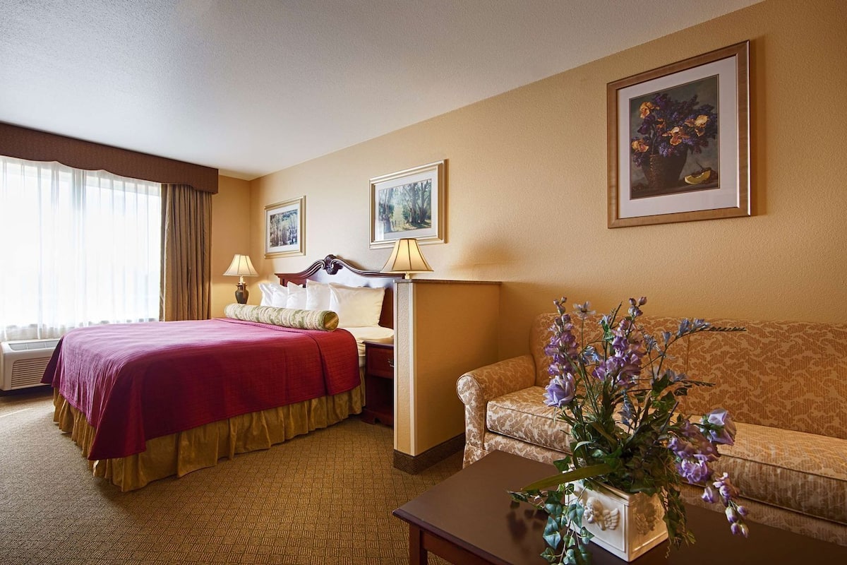 A hotel room with a bed, a sofa, a nightstand, a lamp, a vase with flowers, and framed pictures on the wall.