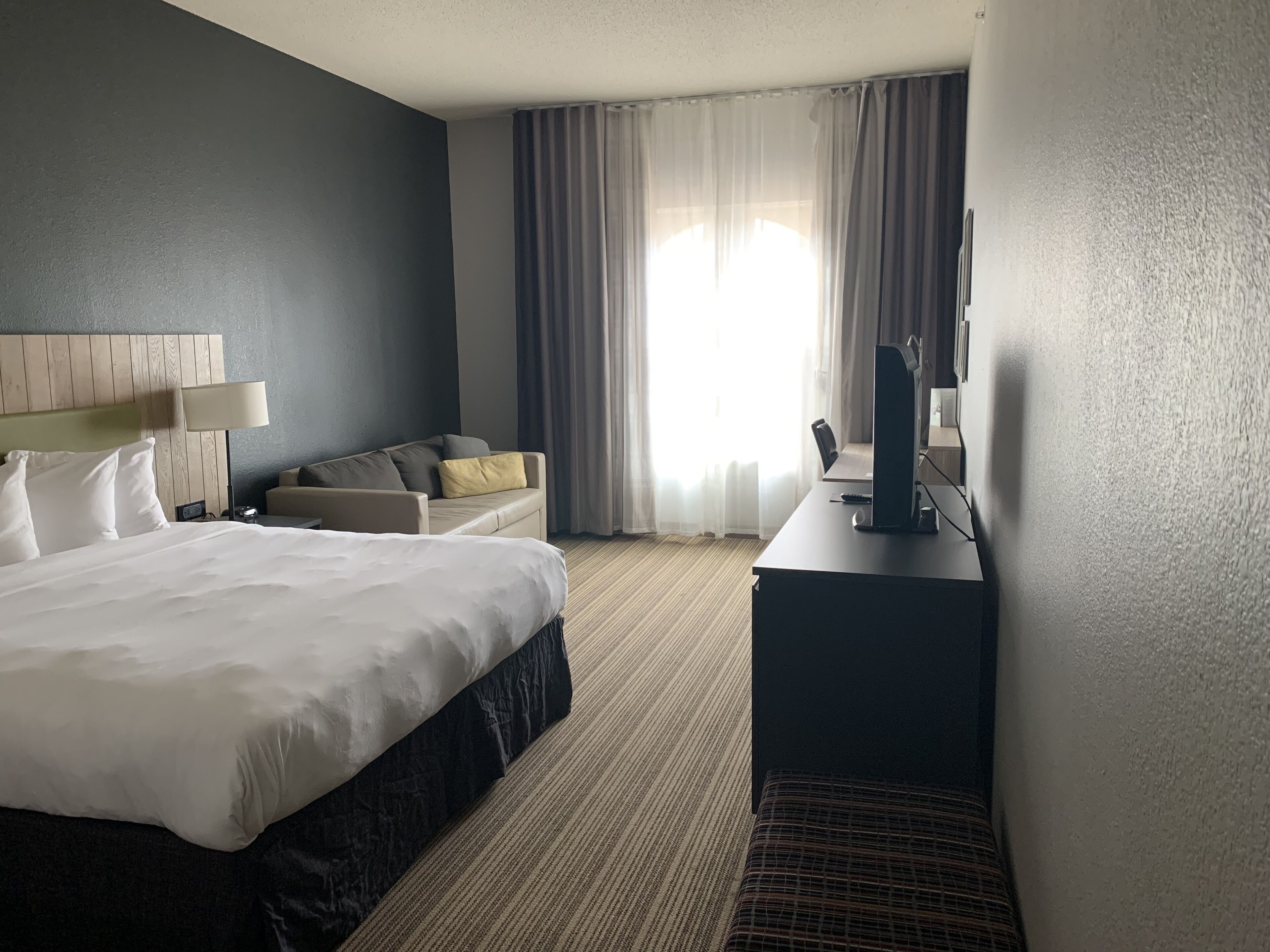 1 bedroom, desk, laptop workspace, blackout curtains