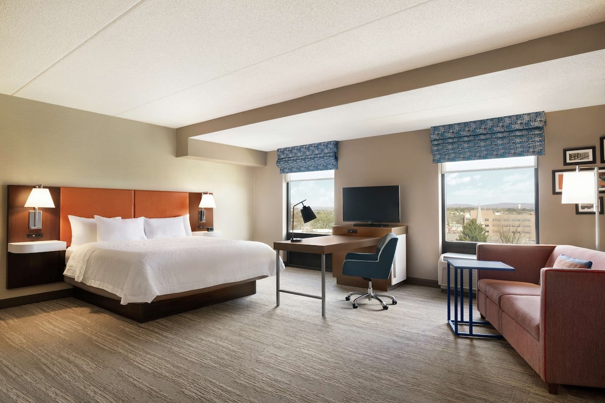 A hotel room with a bed, desk, chair, and couch.