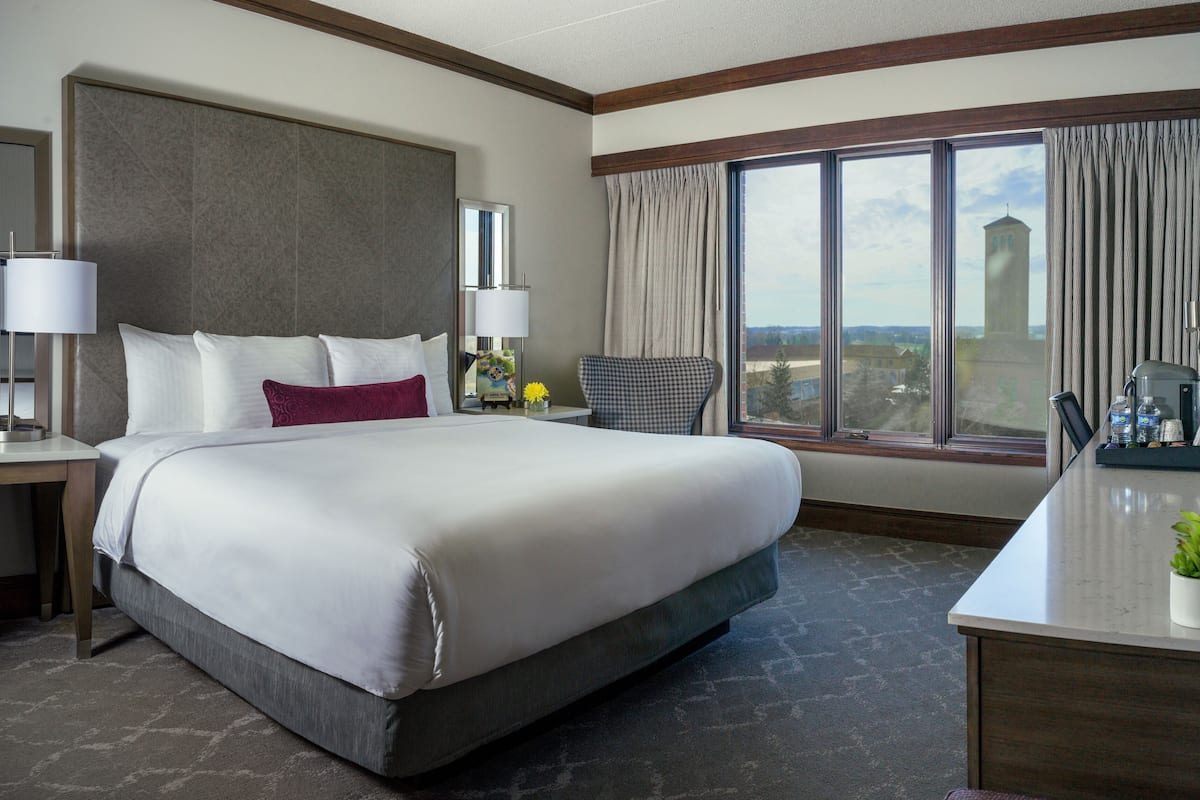 A hotel room with a large bed, a desk with a lamp, a chair, and a view of a building through the window.