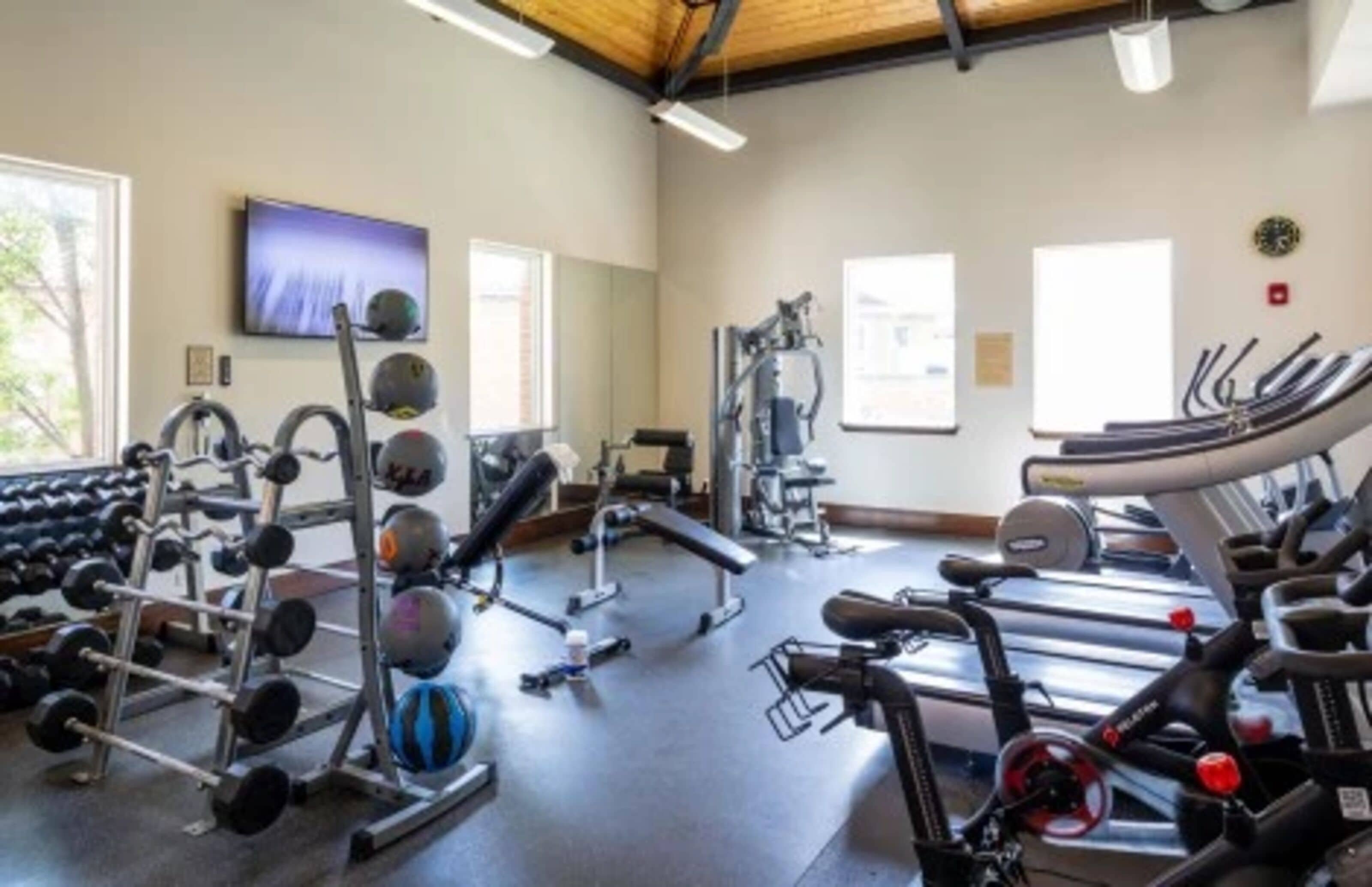 A gym with various exercise equipment, including treadmills, weight machines, and free weights.