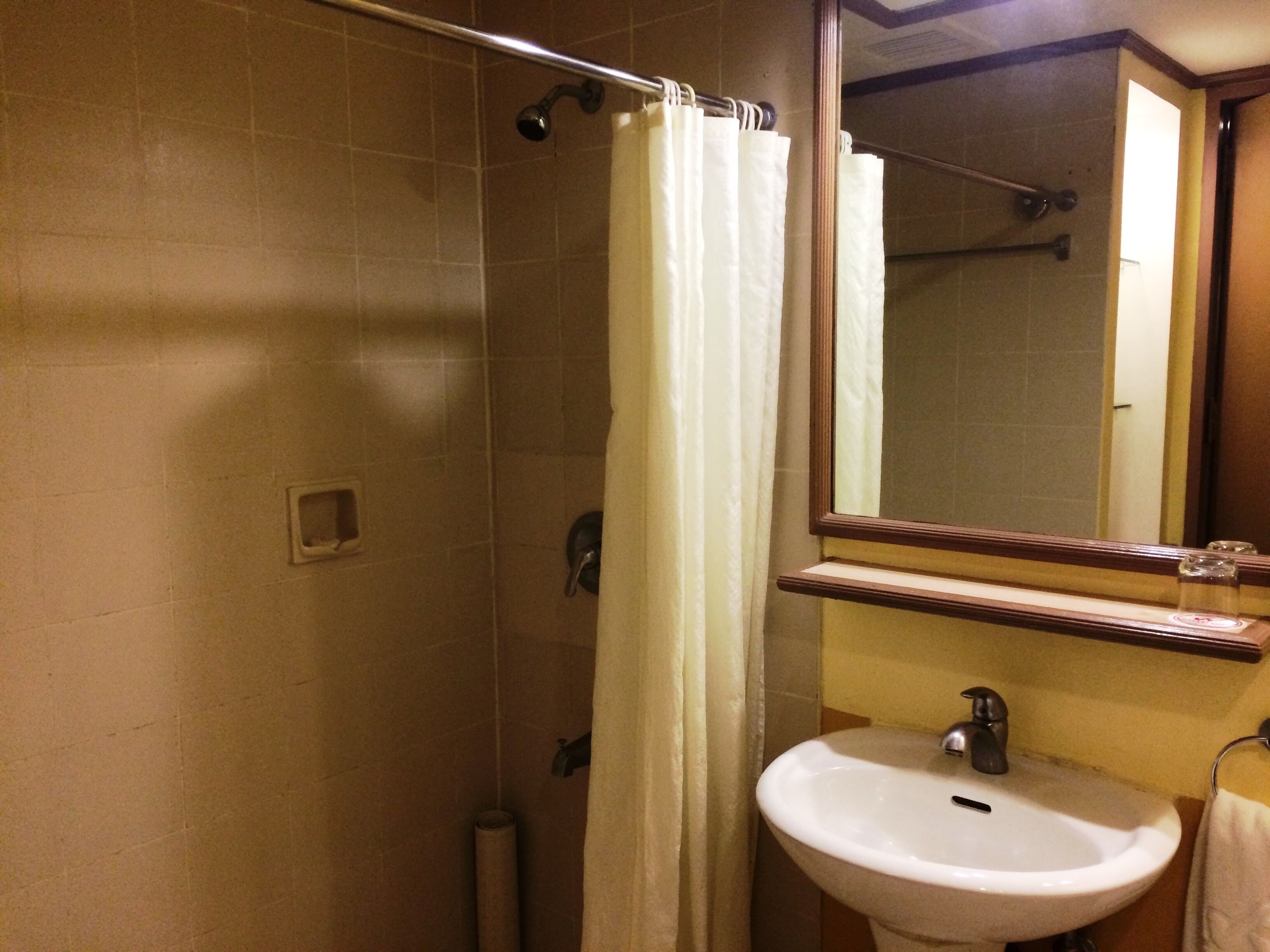 A bathroom with a shower, a sink, and a mirror.