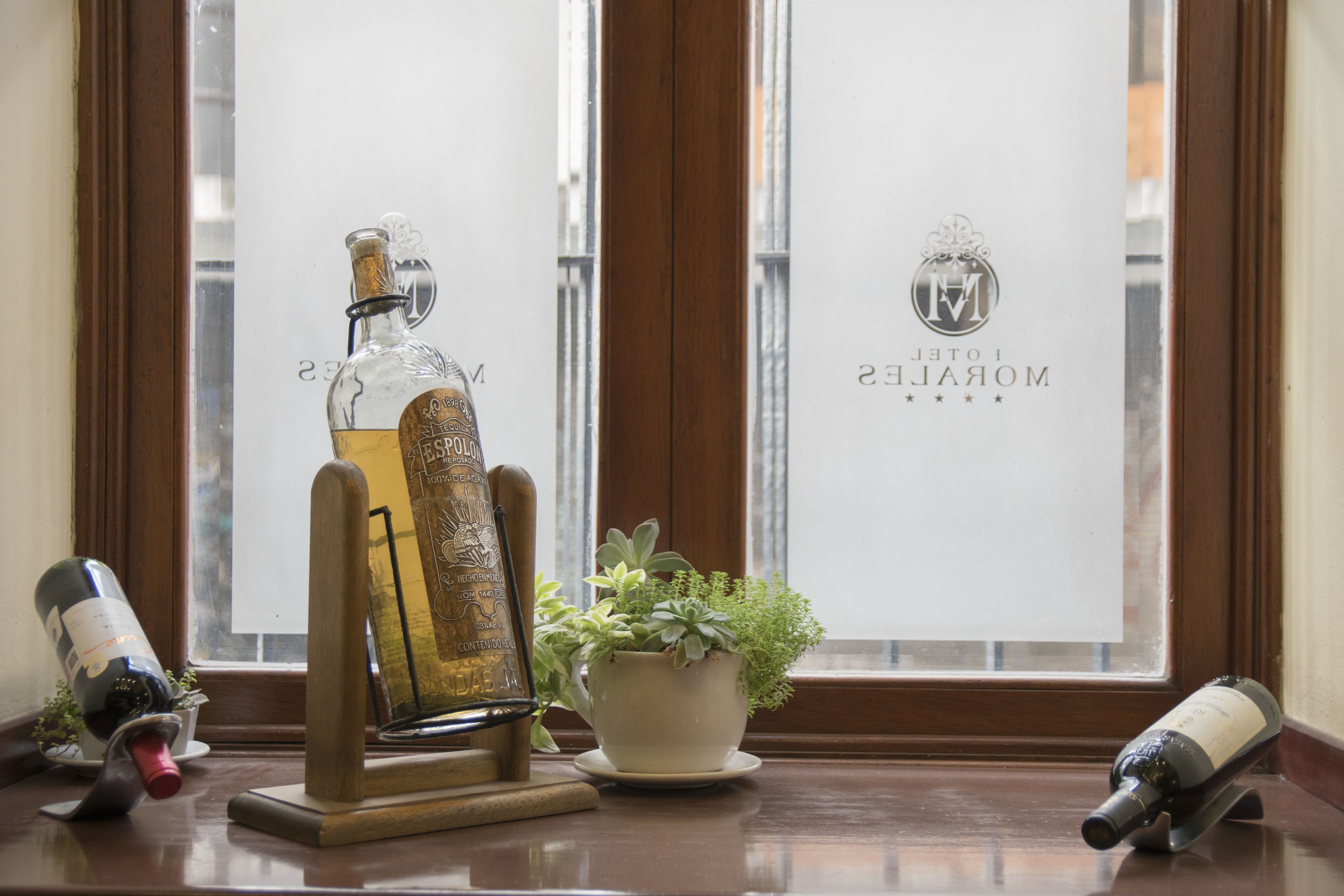A bottle of alcohol on a wooden stand, a potted plant, and a window with frosted glass.