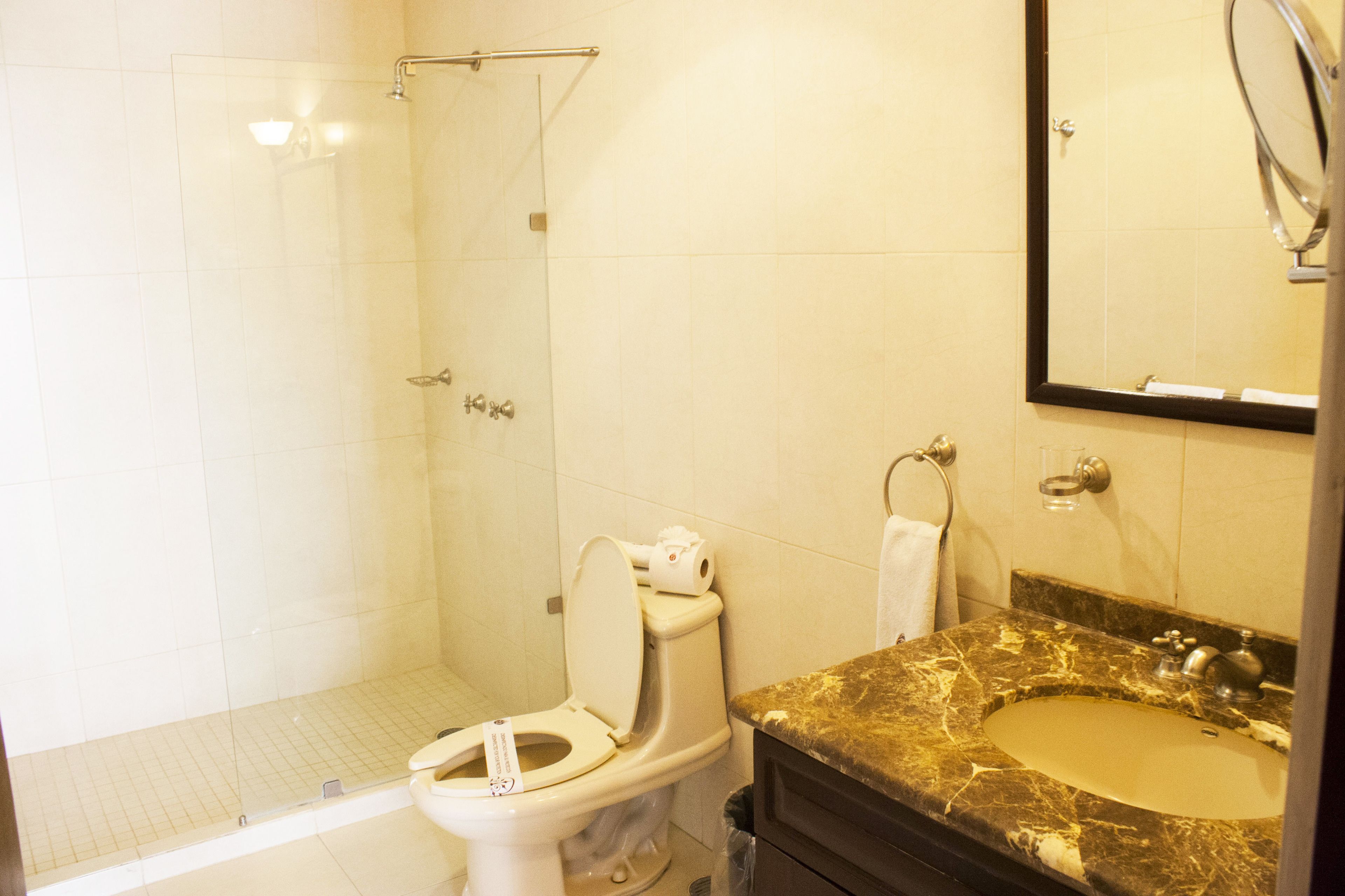 Un baño con inodoro, lavabo y ducha.