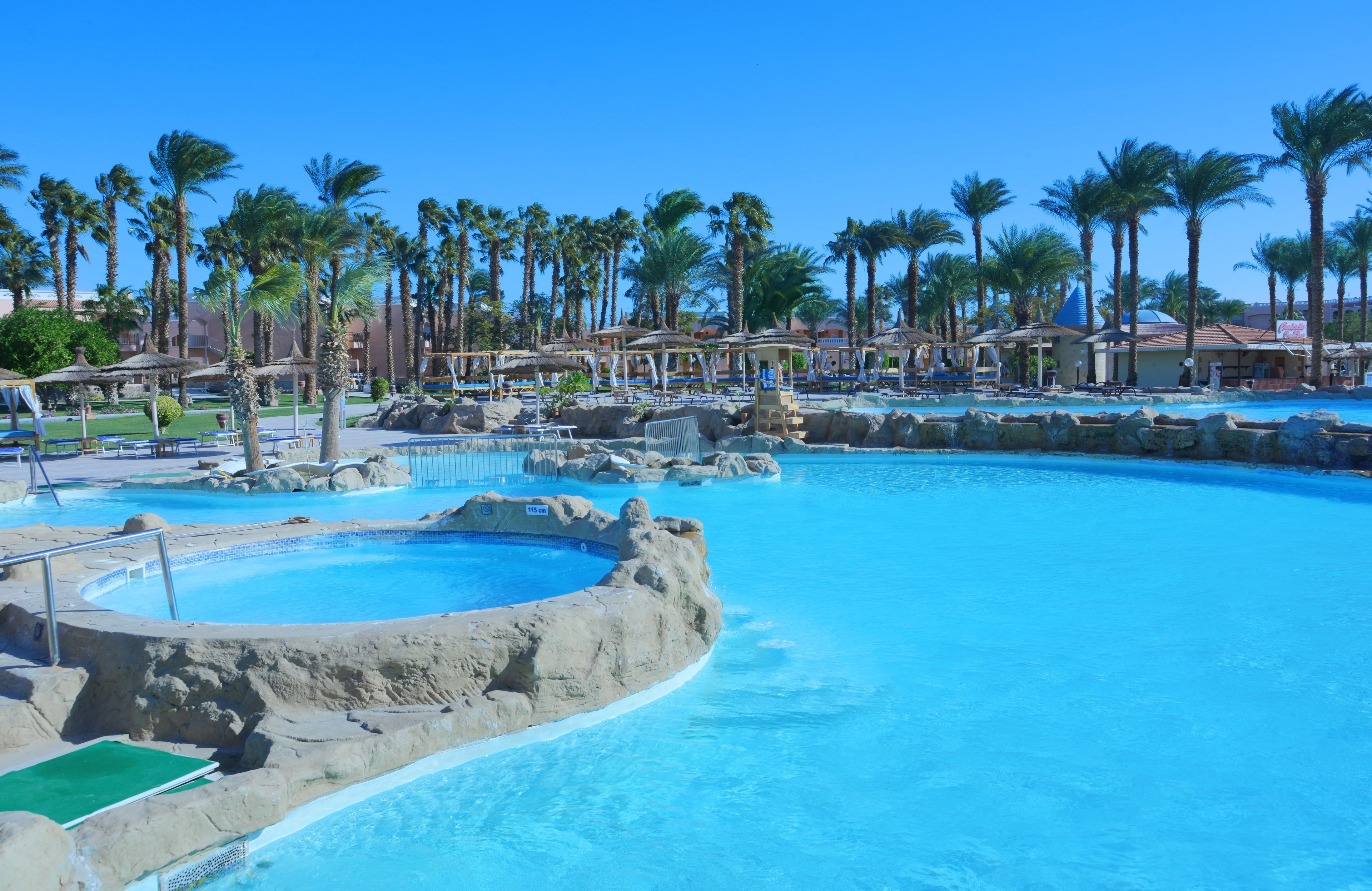 A large outdoor swimming pool with palm trees and lounge chairs.