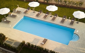 Outdoor pool, pool umbrellas, pool loungers