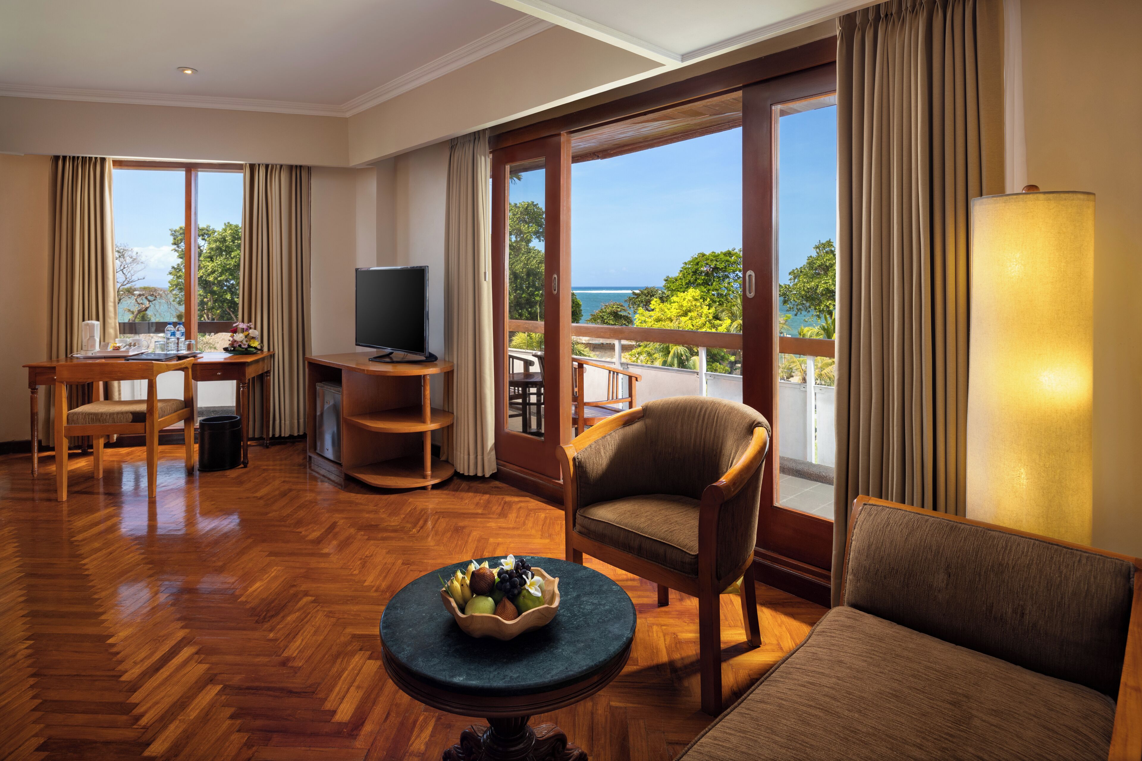 suite (corner) | living area | 42-inch tv with cable channels, toys