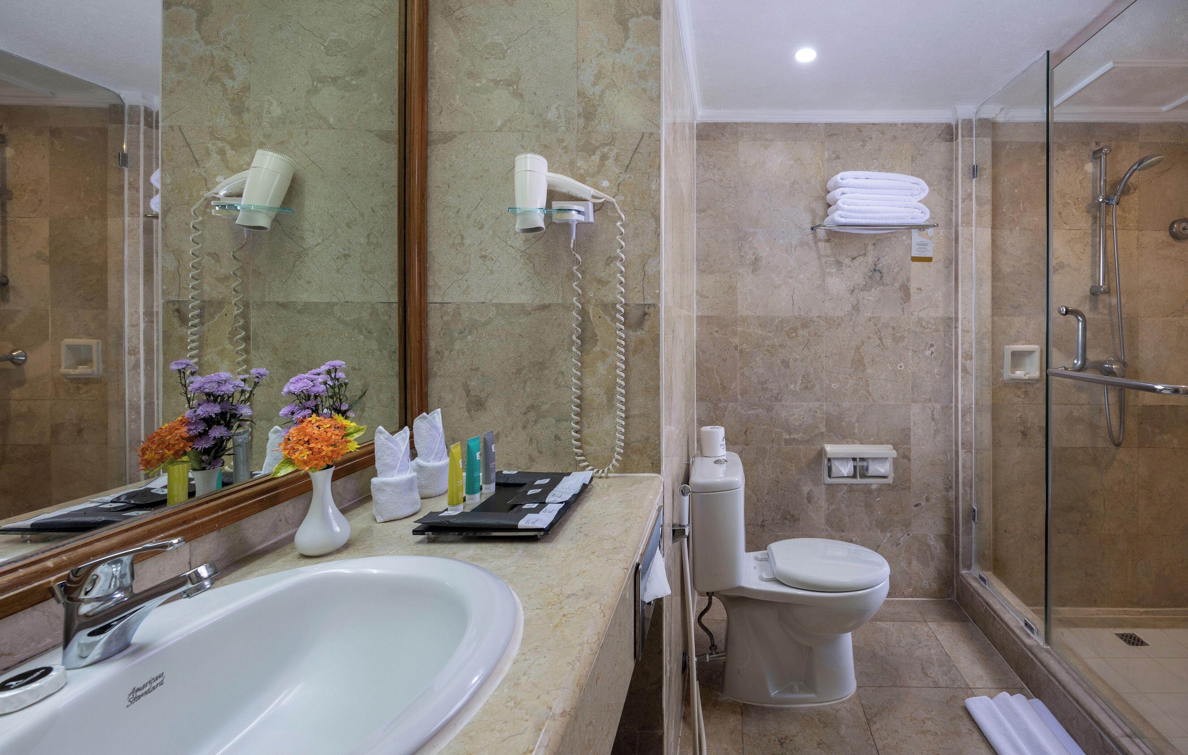 A modern bathroom with a large sink, mirror, and glass-enclosed shower.