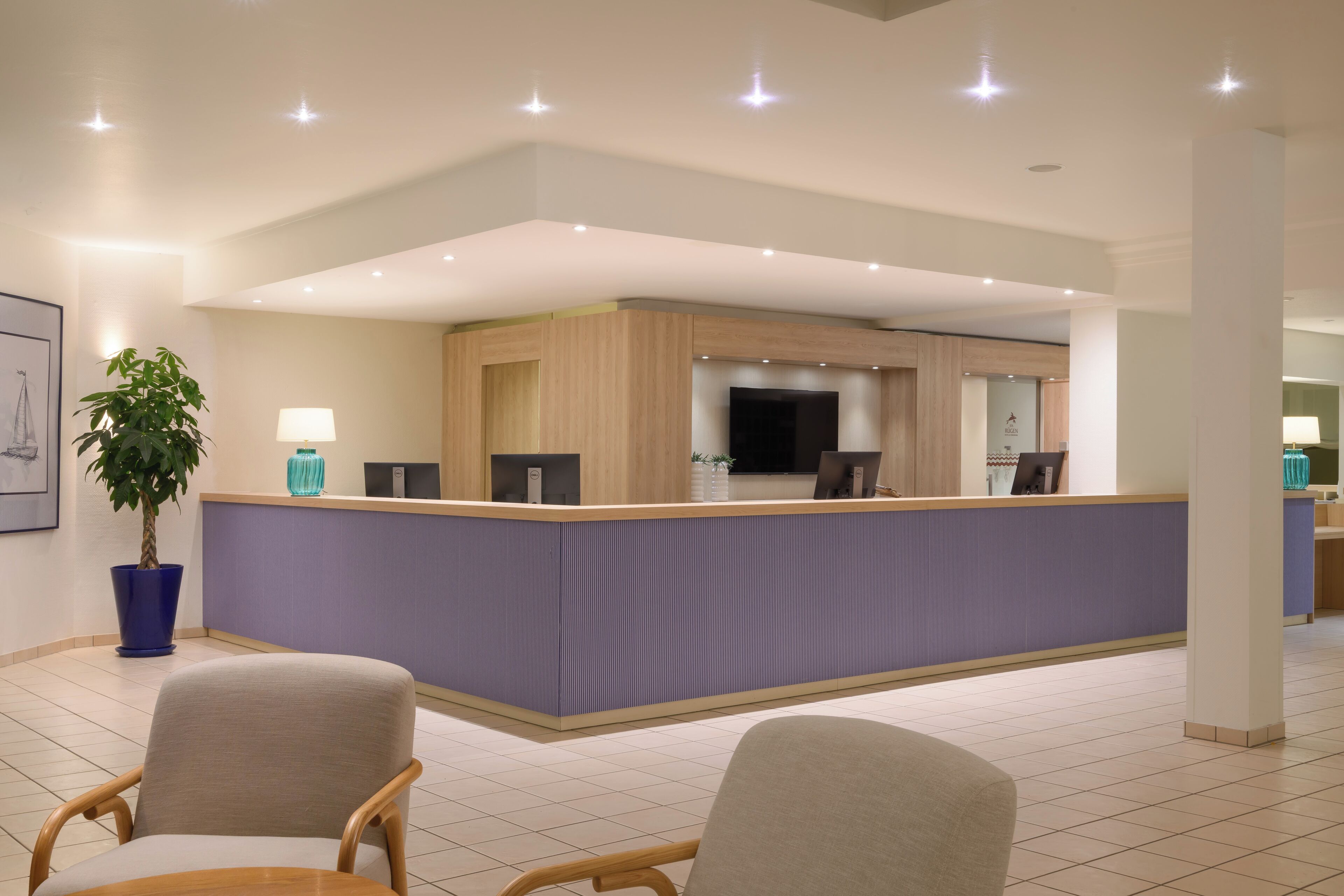 A reception area with a counter, chairs, a potted plant, and a television.