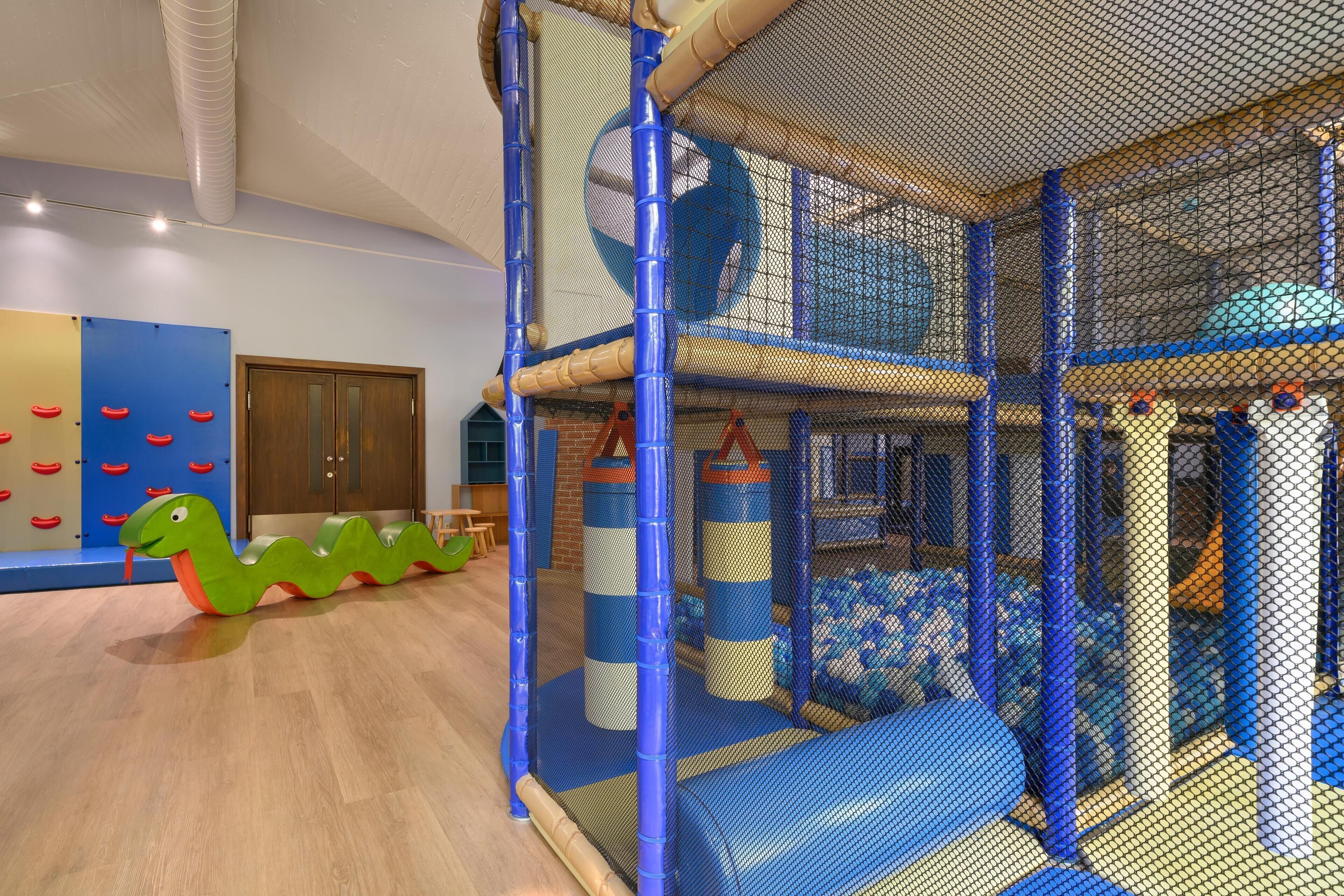 Un espace de jeux avec une enceinte grillagée, une structure de jeu en forme de serpent vert et un tapis de jeu bleu et beige.