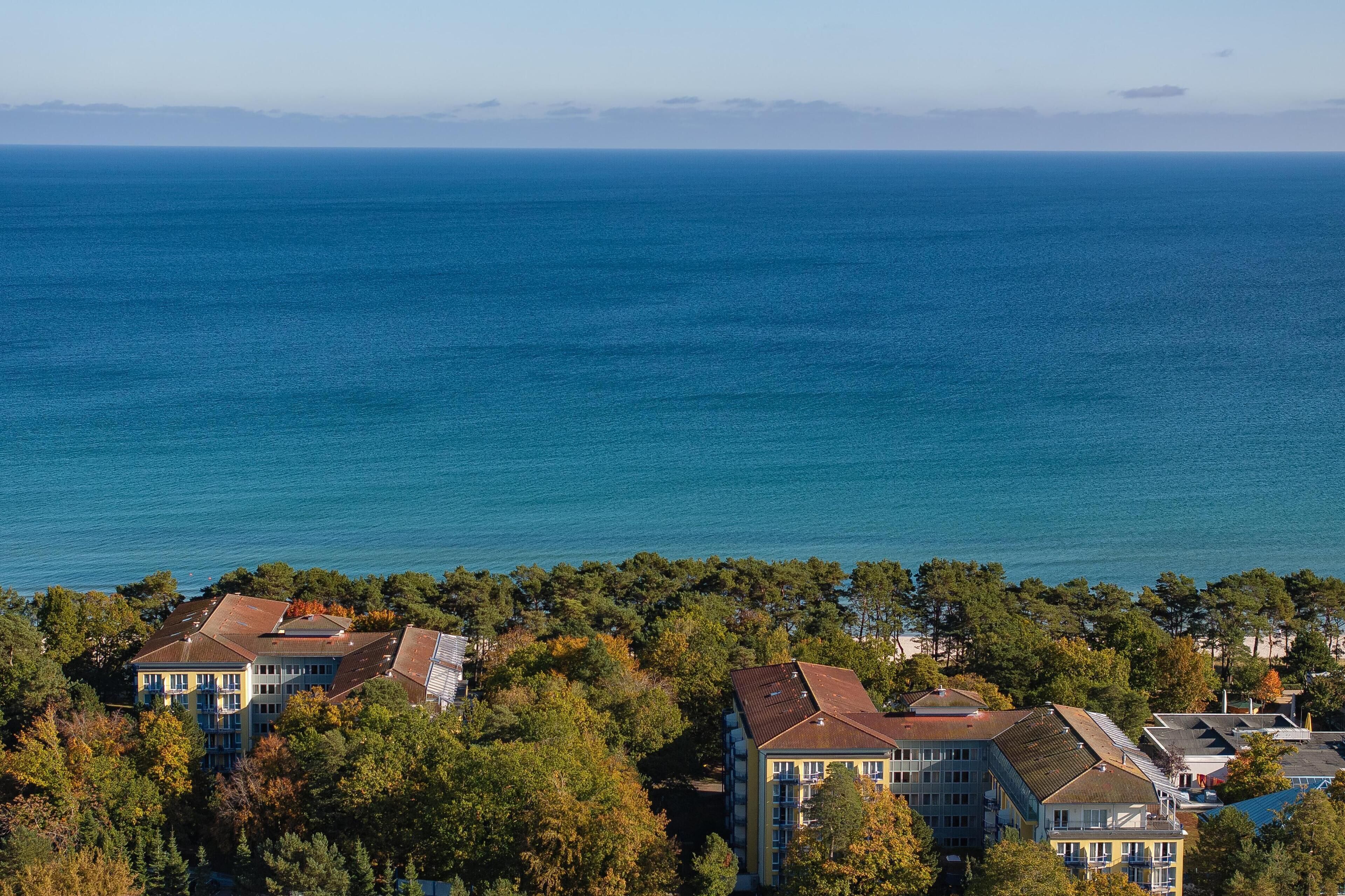 A coastal residential area with buildings surrounded by trees and a view of the sea.