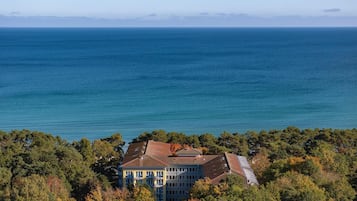Un hotel frente al mar, rodeado de un bosque denso.