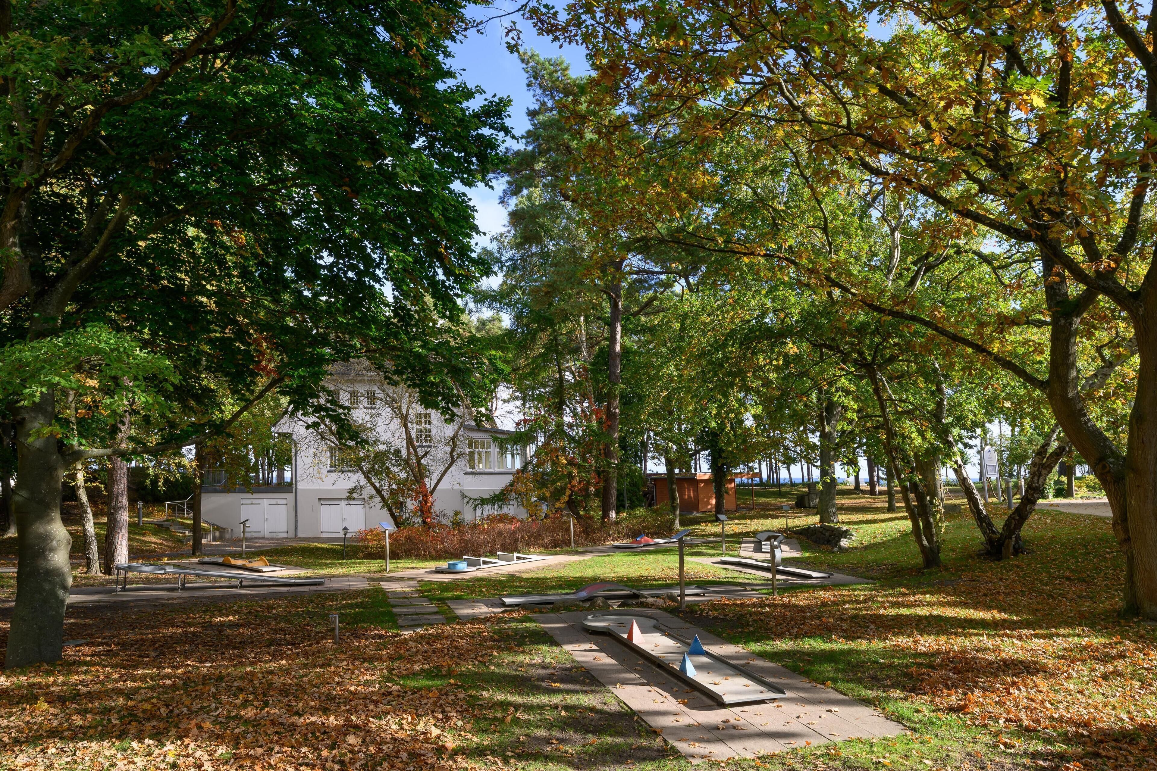 Un parque con senderos, bancos y árboles.