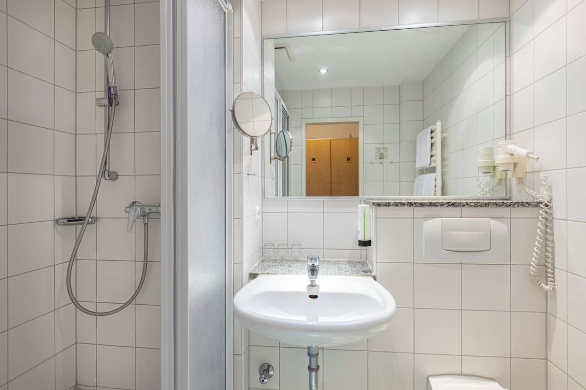standard double room | bathroom | shower, hair dryer, towels