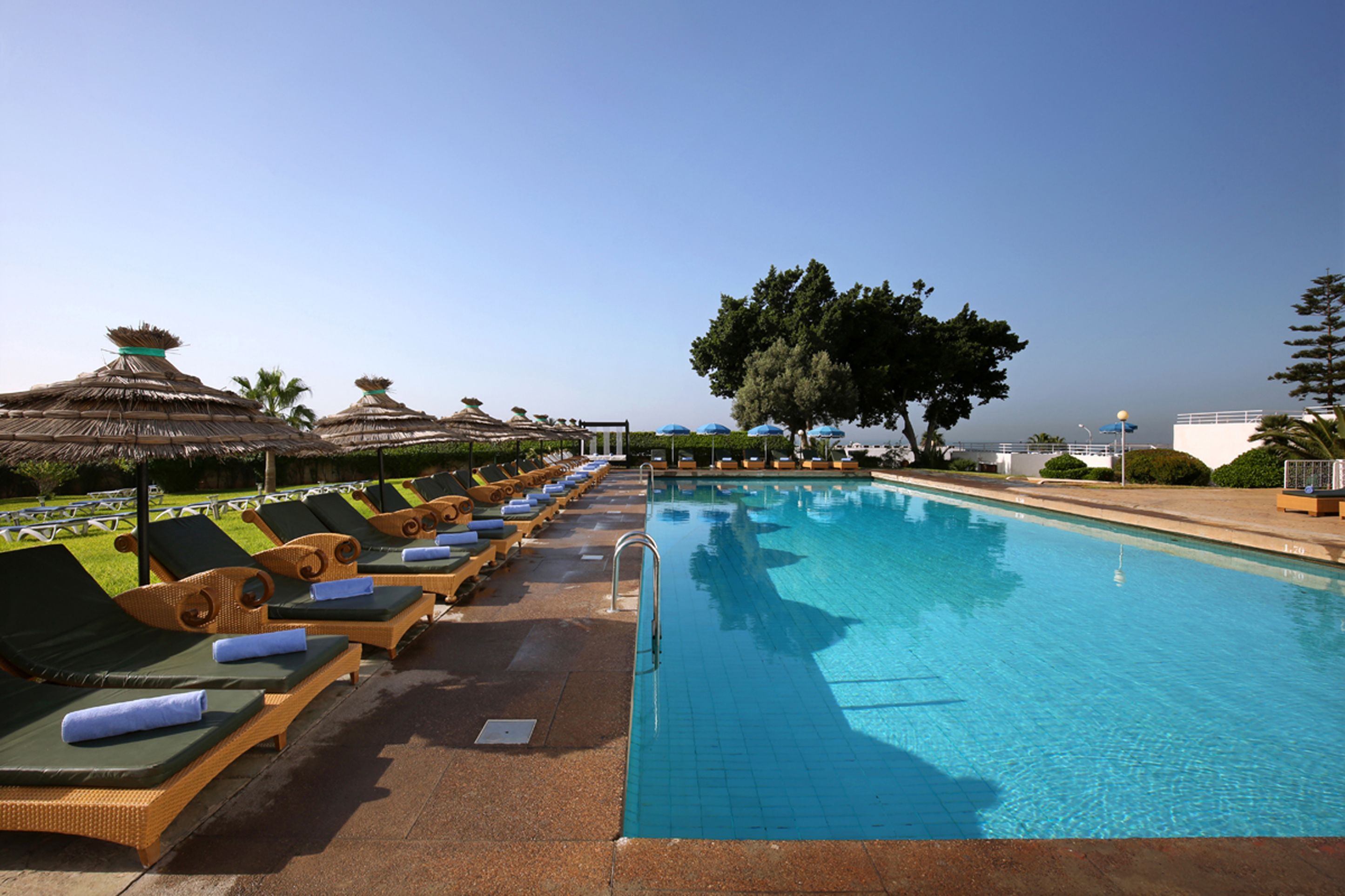 A swimming pool with lounge chairs and umbrellas, surrounded by greenery and a clear sky.