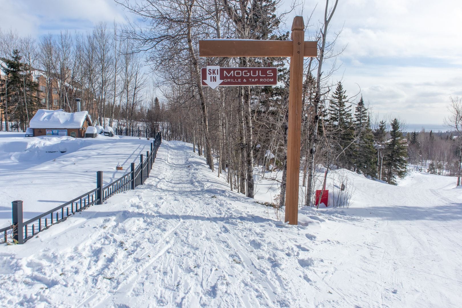 Puisesta opastekyltistä löytyvät tekstit »SKI MOGULS» ja »GRILLE & TAP ROOM», ja se osoittaa hiihtokeskuksen alueelle.