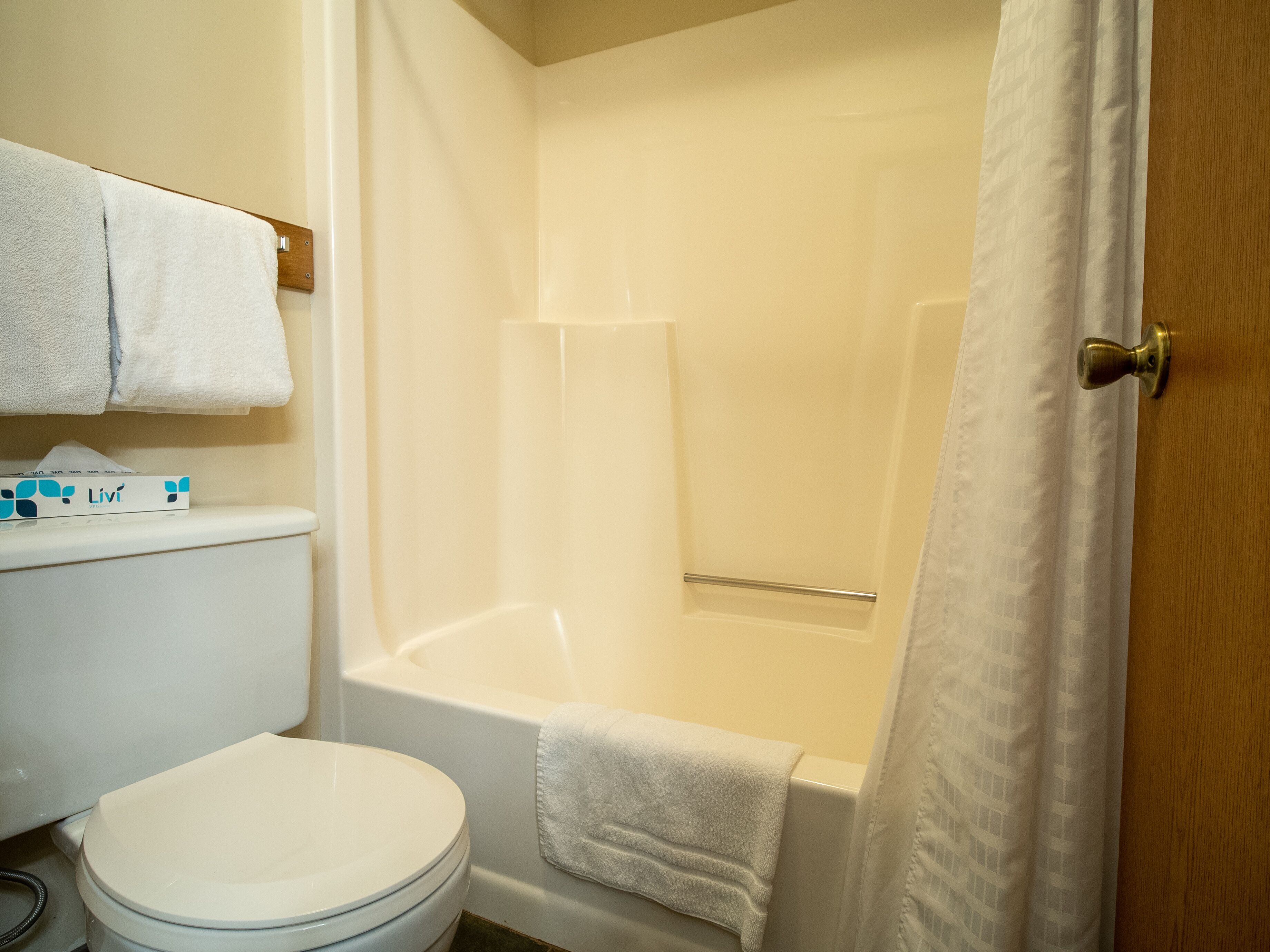 Une salle de bain équipée de toilettes, d’une baignoire et d’un rideau de douche.