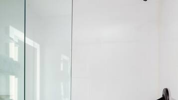 A glass-enclosed shower with a handheld showerhead and a wall-mounted faucet.