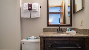 A bathroom with a toilet, sink, and mirror. There are towels hanging on a rack and a box of tissues on the toilet.