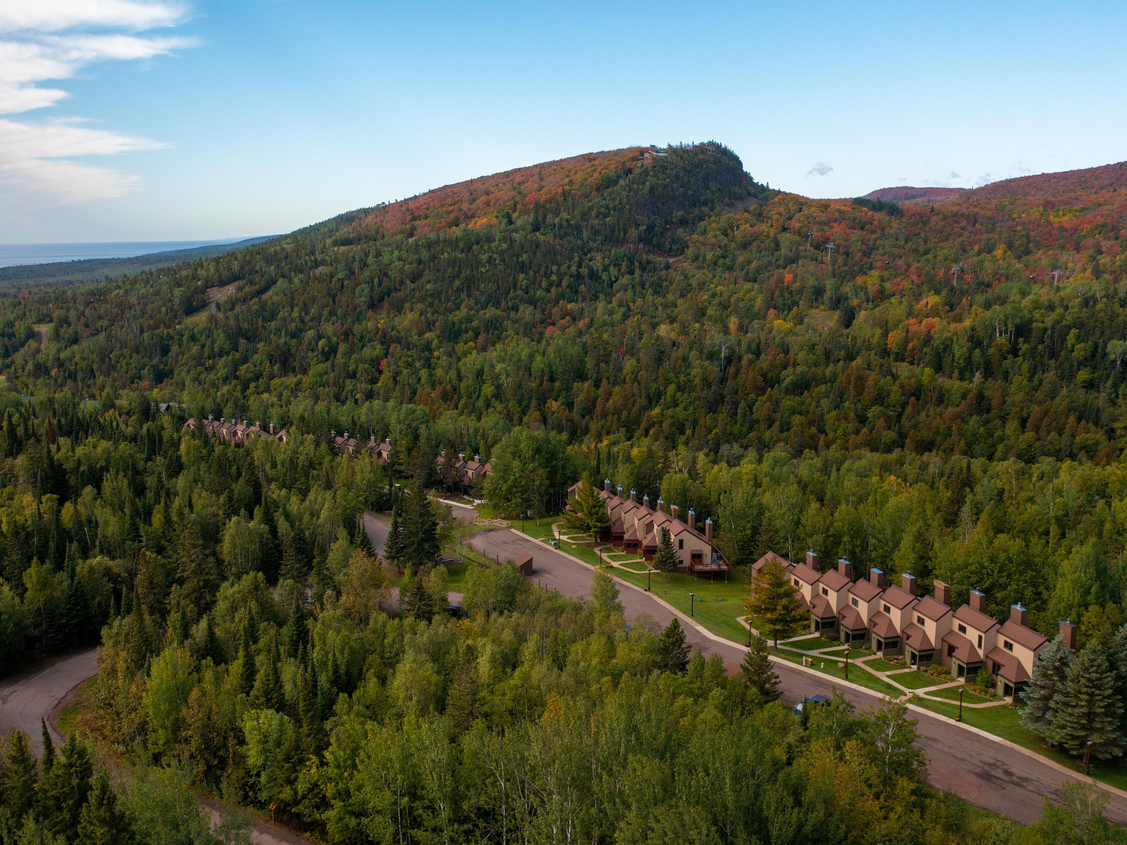 A residential area with a row of houses, surrounded by dense forest and hills.