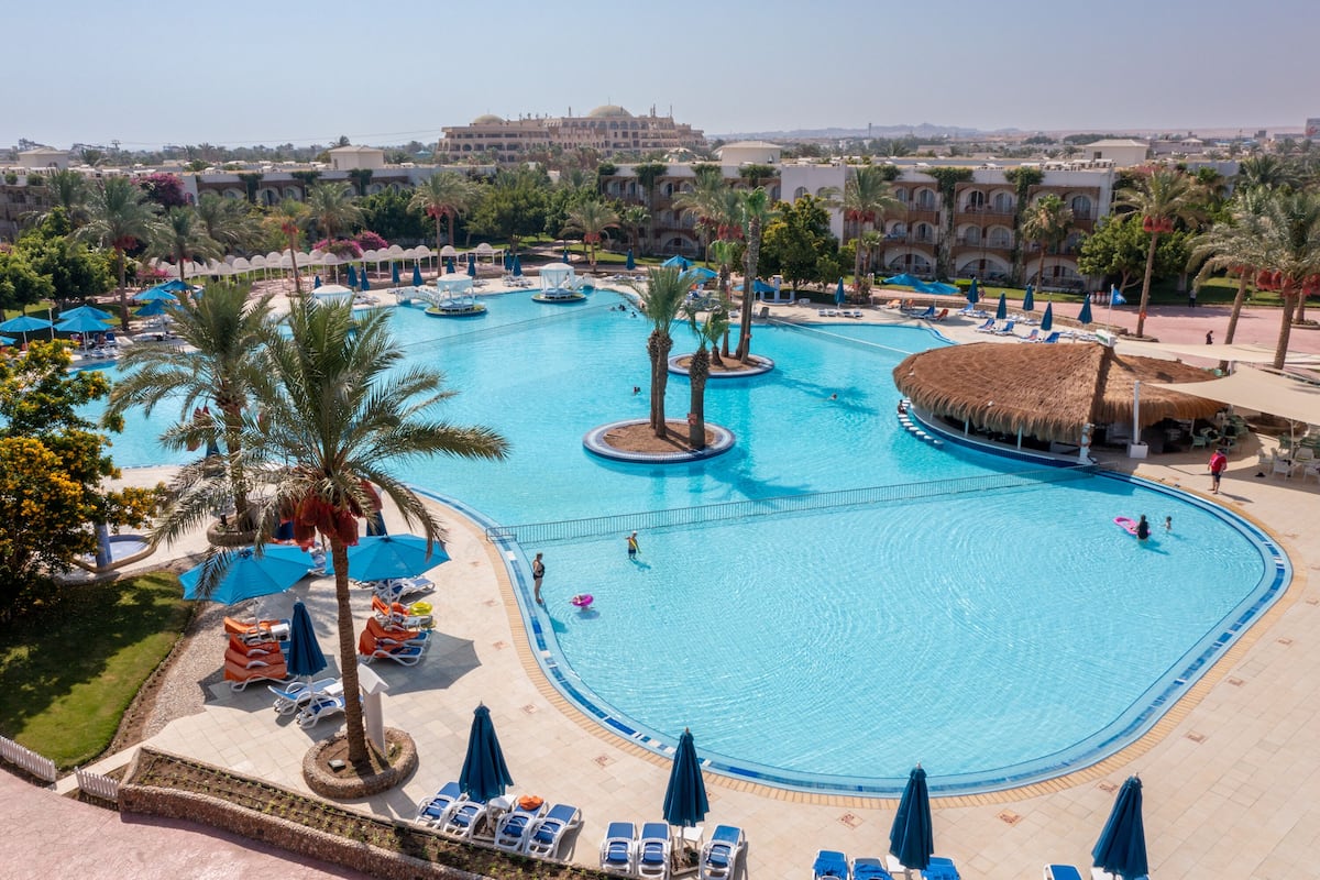 A large swimming pool with multiple lanes, surrounded by palm trees and lounge chairs.