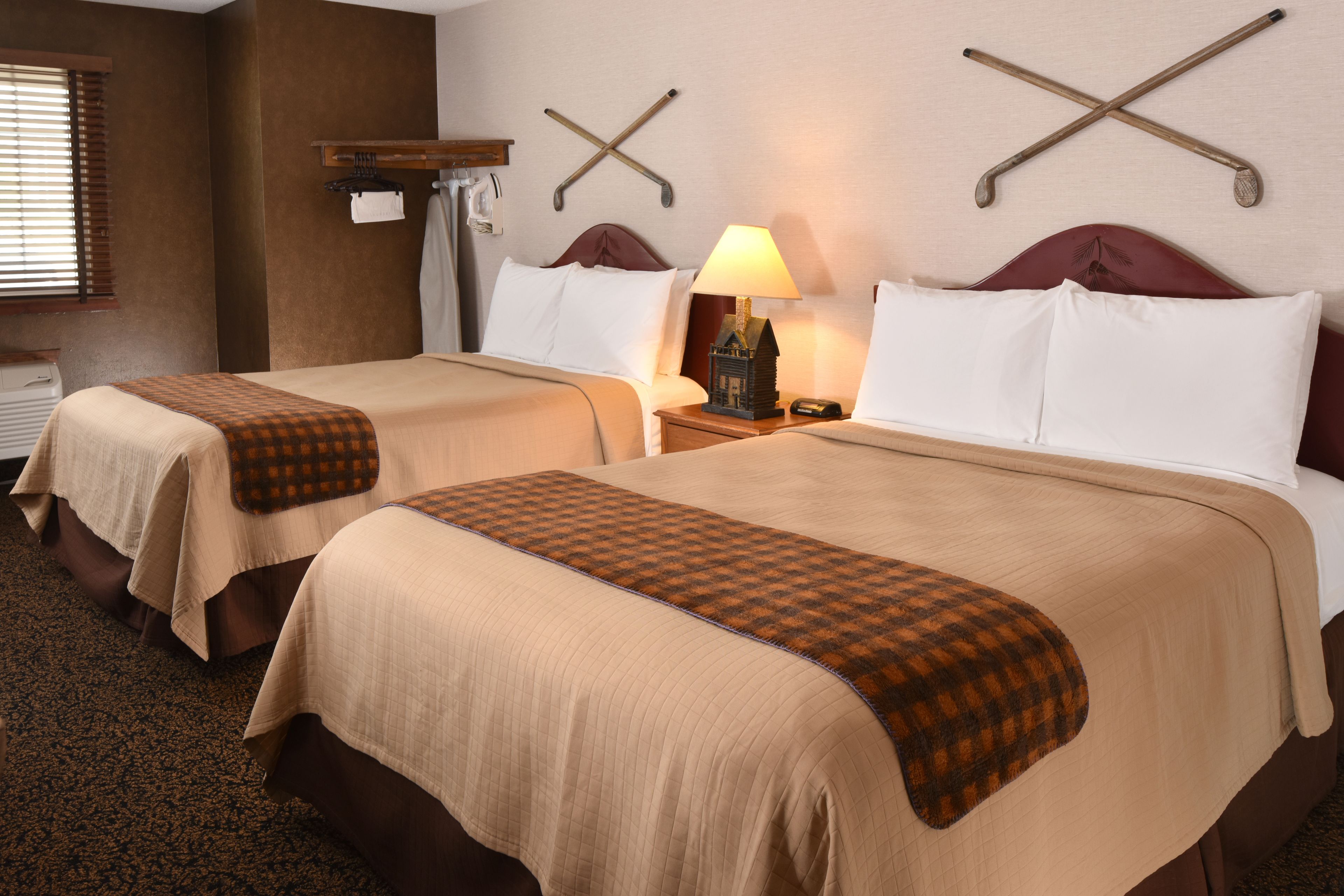 desk, laptop workspace, blackout curtains, iron/ironing board