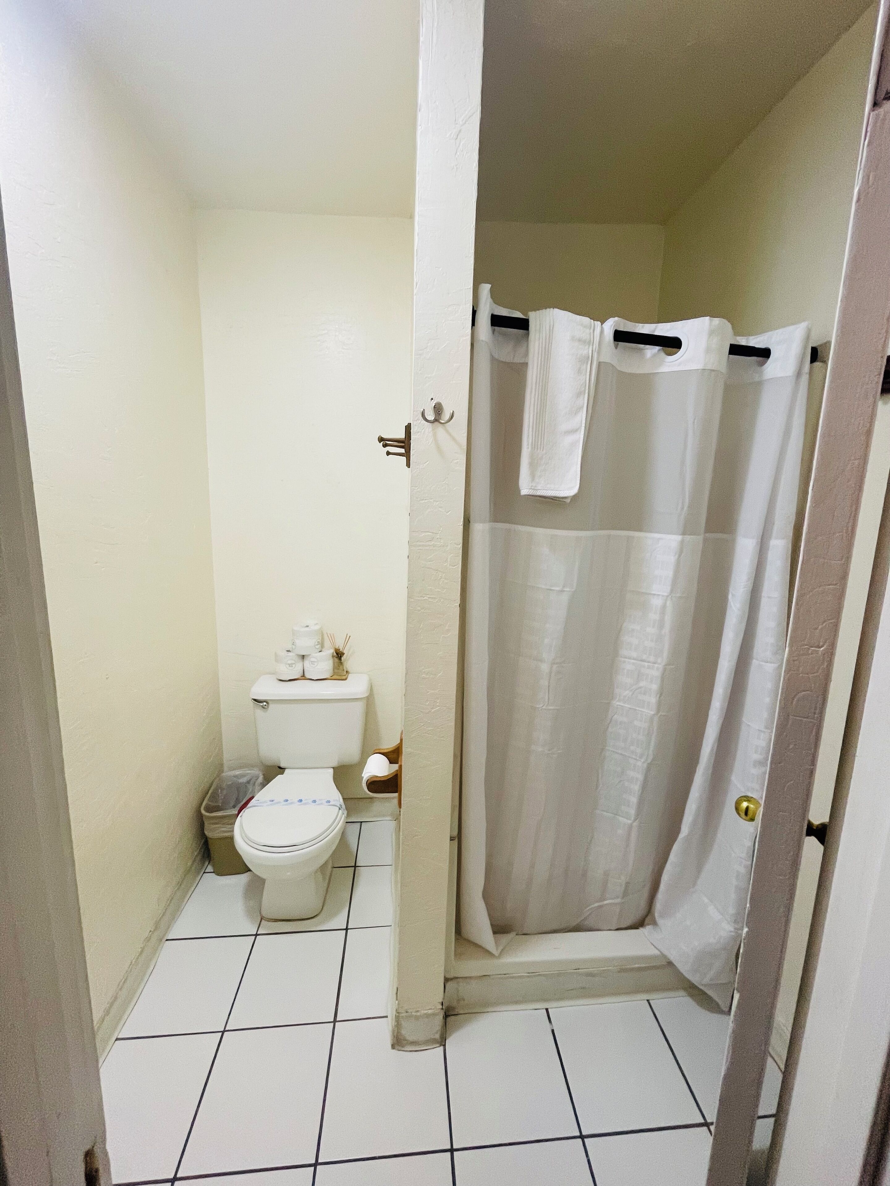 A small bathroom with a toilet, a shower curtain, and a towel hanging on the wall.