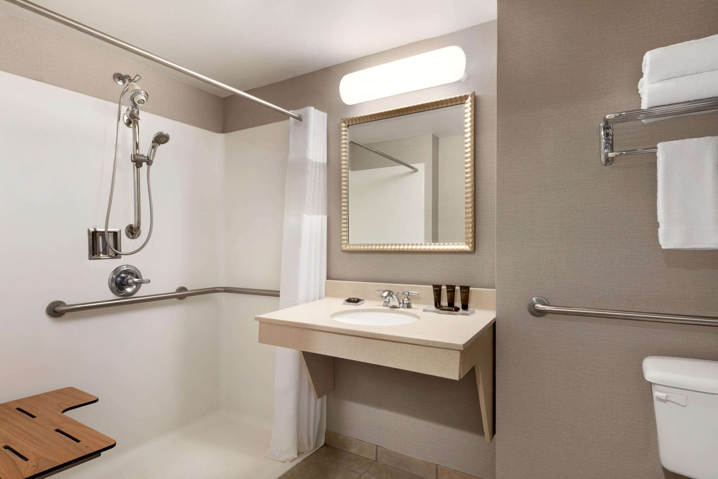 A modern bathroom with a shower, a sink, a mirror, and a toilet.