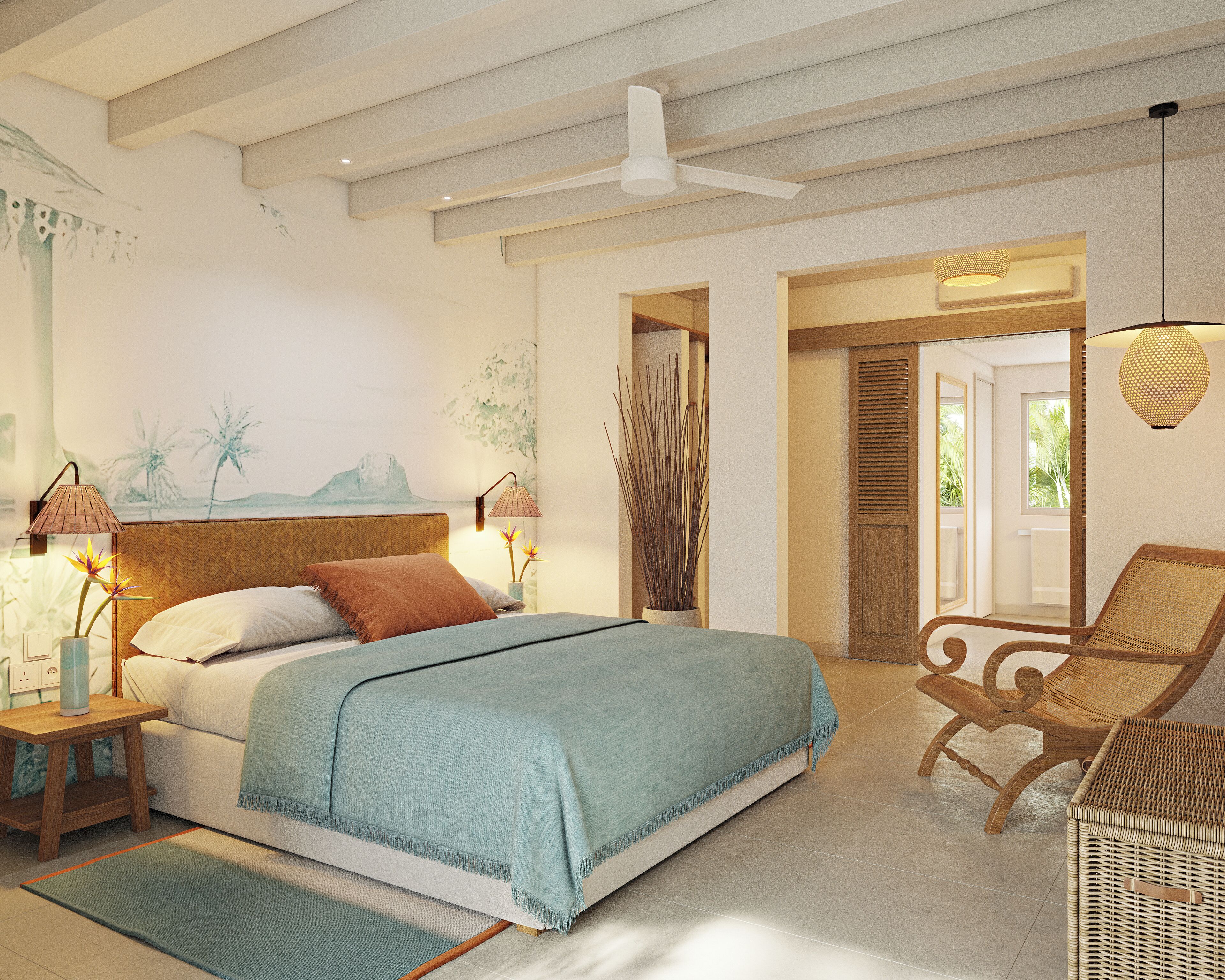 Een slaapkamer met een bed, nachtkastjes, een stoel en een deur naar een andere kamer.