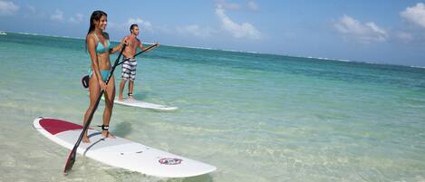 Twee mensen op paddleboards in helder, ondiep water.