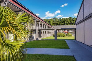 A building with a covered walkway, green artificial grass, and a palm tree. - Red Roof Inn Savannah - Richmond Hill/ I-95 (Richmond Hill)