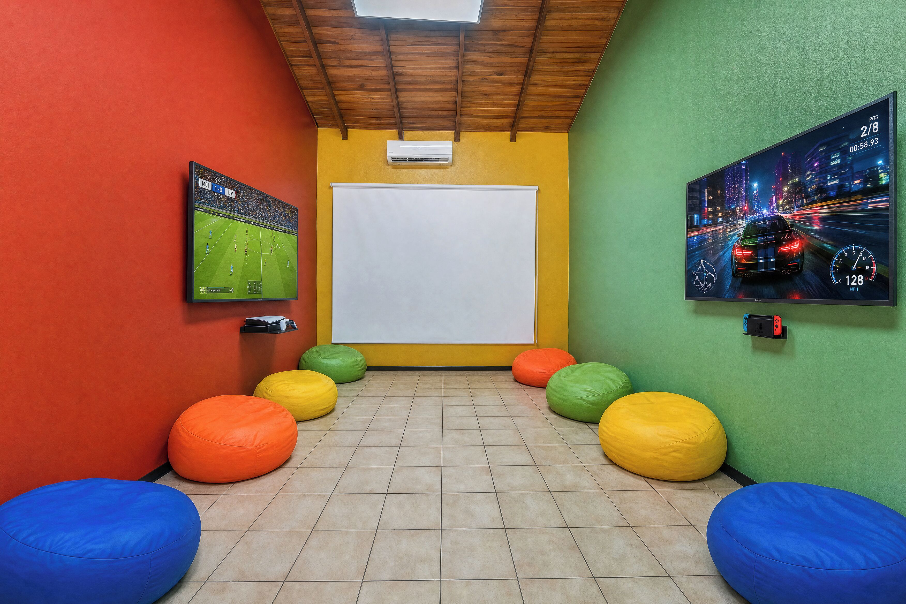 Una habitació amb una gran pantalla blanca de projecció, gandules de colors i una televisió penjada que mostra un partit esportiu.