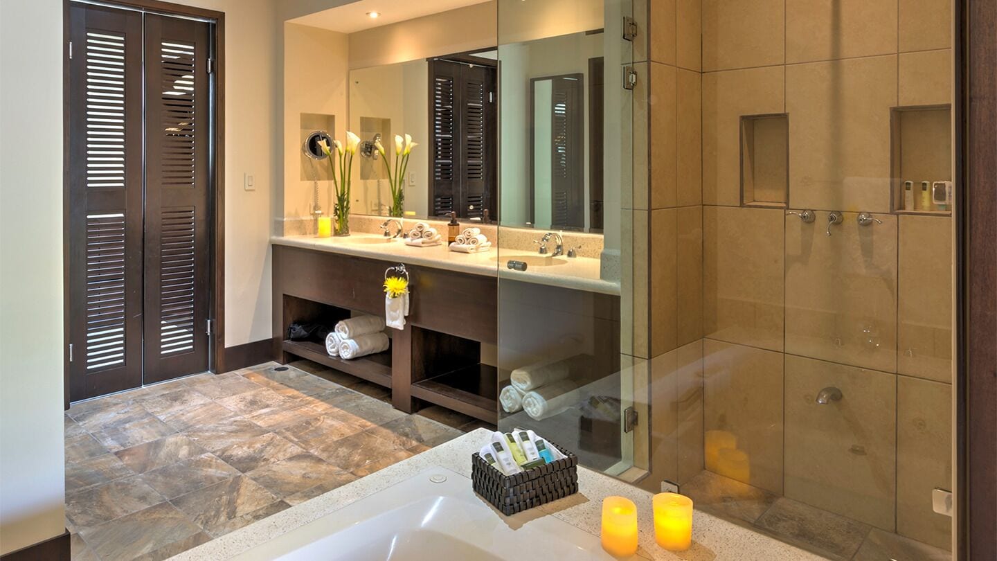 Master Suite | Bathroom | Rainfall showerhead, free toiletries, hair dryer, bathrobes
