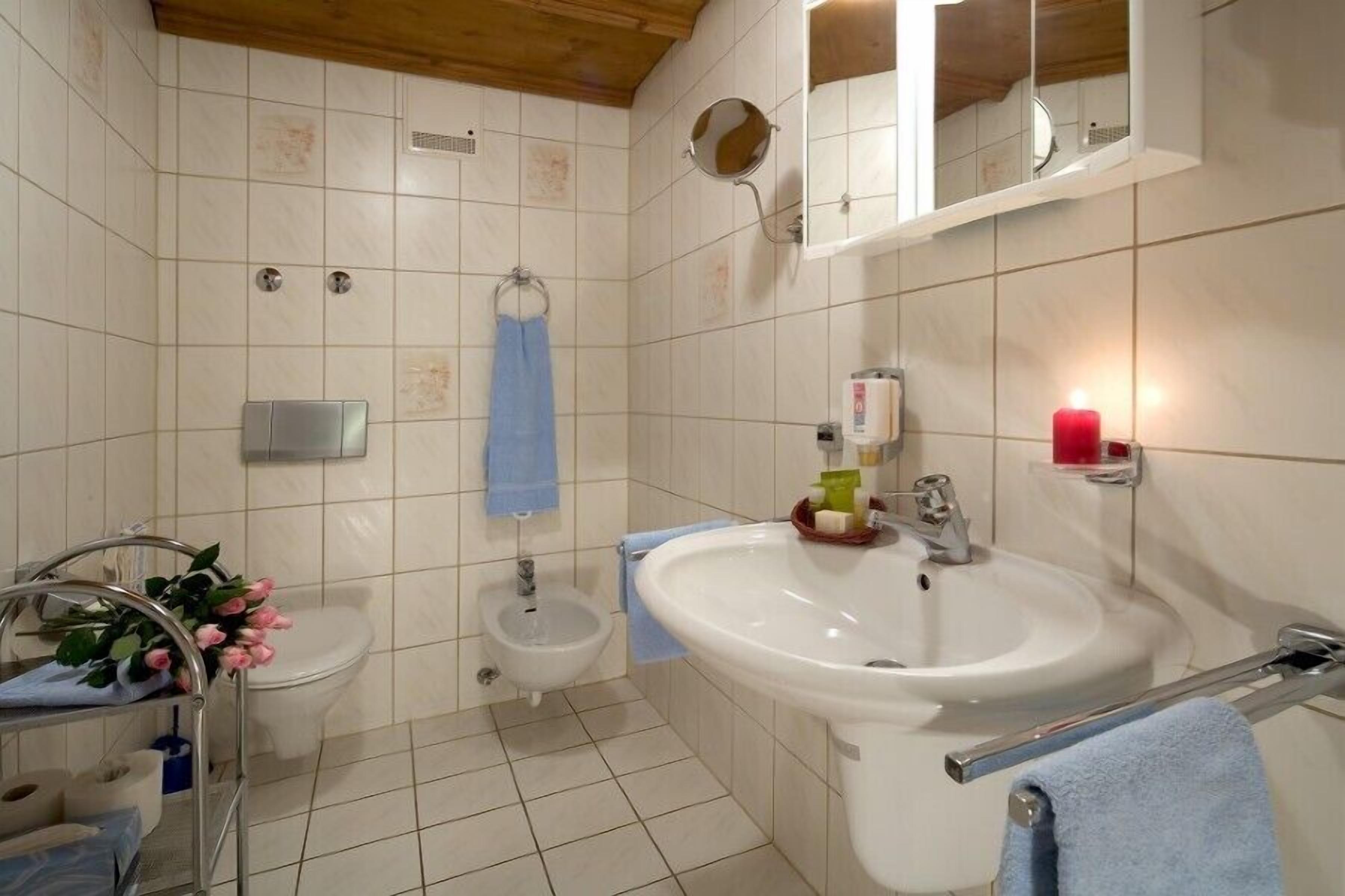 hair dryer, bidet, towels