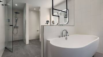 Une salle de bain moderne avec une baignoire sur pieds, une douche à parois de verre et un grand miroir.