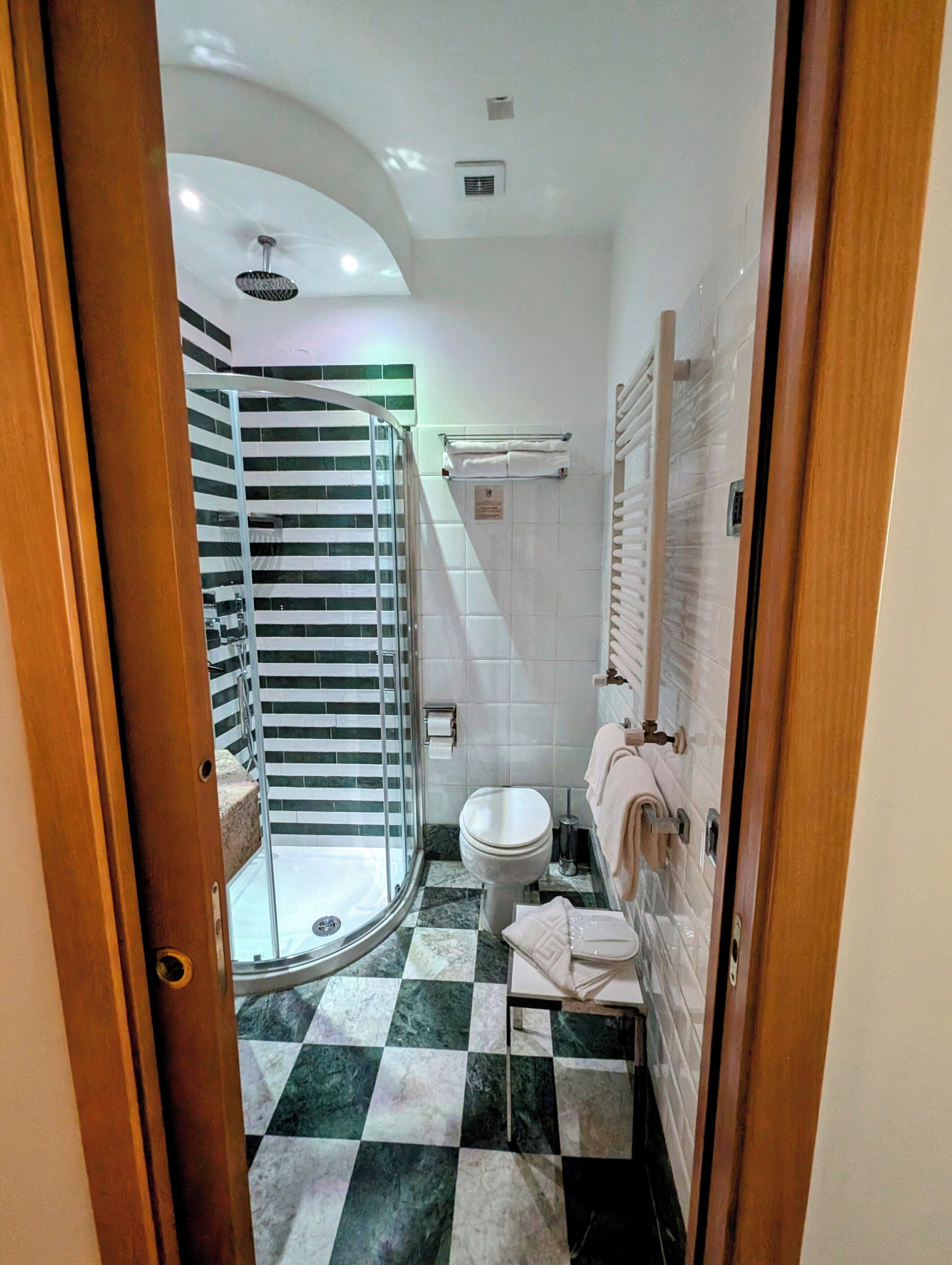 A bathroom with a checkered floor, a toilet, a shower with a glass door, and a towel rack.